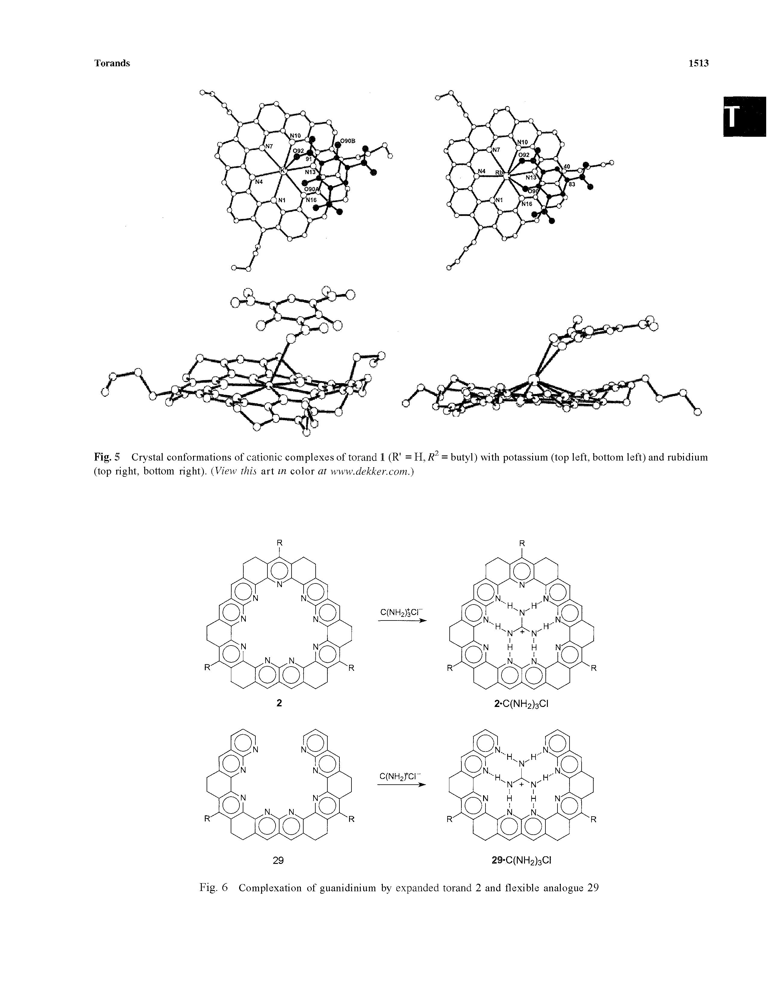 Fig. 5 Crystal conformations of cationic complexes of torand 1 (R = H, = butyl) with potassium (top left, bottom left) and rubidium (top right, bottom right). (View this art in color at www.dekker.com.)...