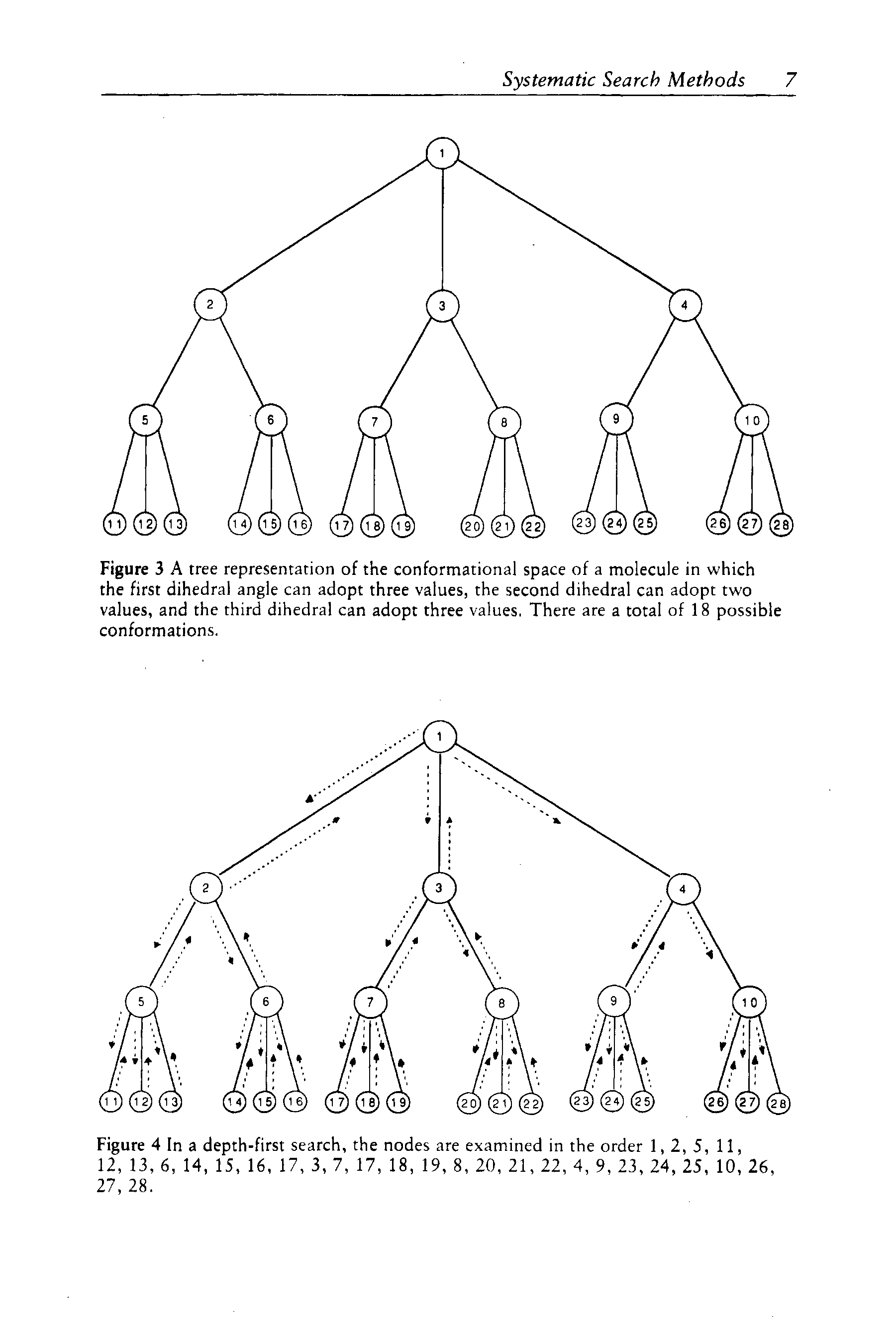 Figure 3 A tree representation of the conformational space of a molecule in which the first dihedral angle can adopt three values, the second dihedral can adopt two values, and the third dihedral can adopt three values. There are a total of 18 possible conformations.