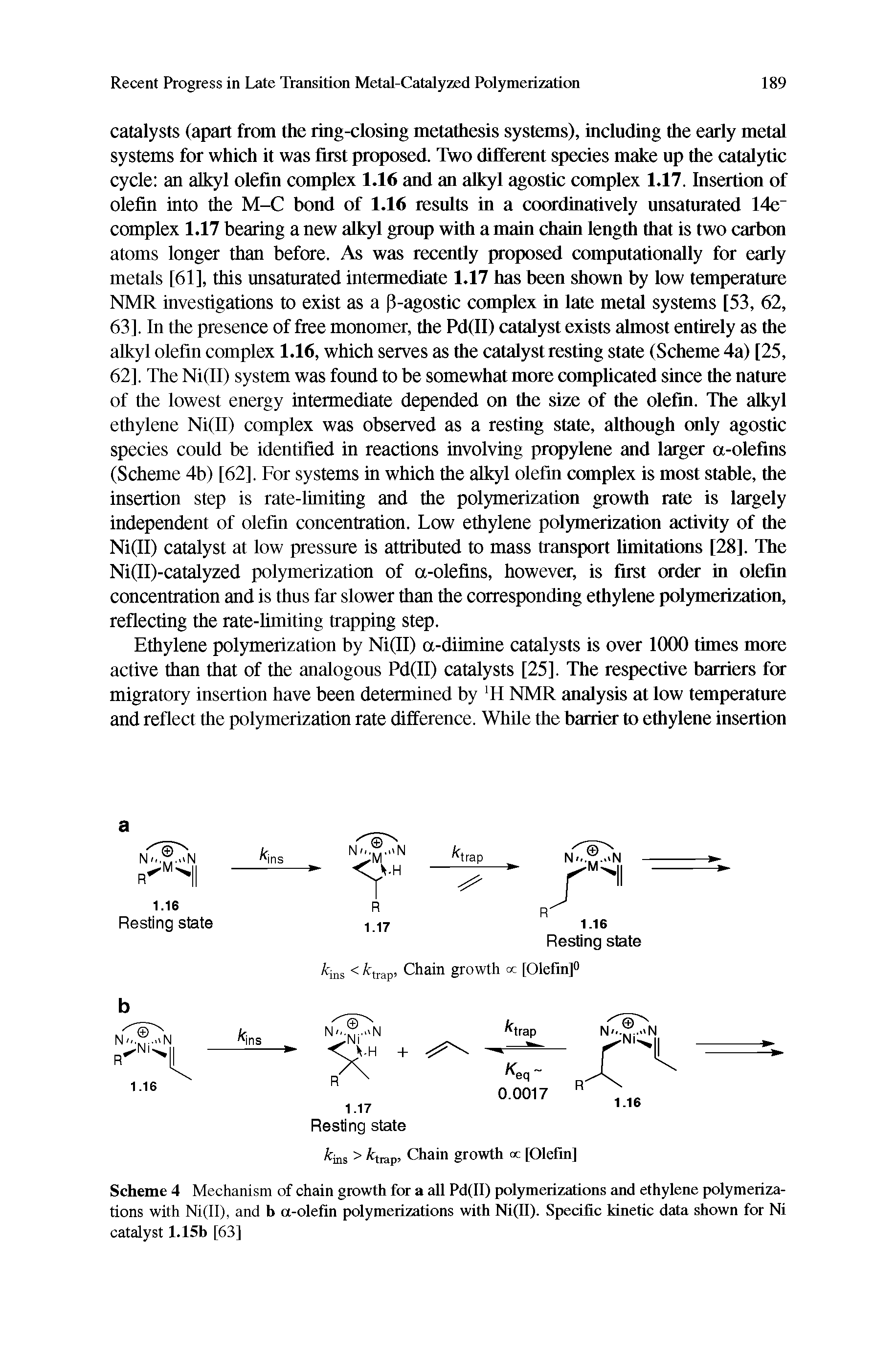 Scheme 4 Mechanism of chain growth for a all Pd(II) polymerizations and ethylene polymerizations with Ni(II), and b a-olefin polymerizations with Ni(II). Specific kinetic data shown for Ni catalyst 1.15b [63]...