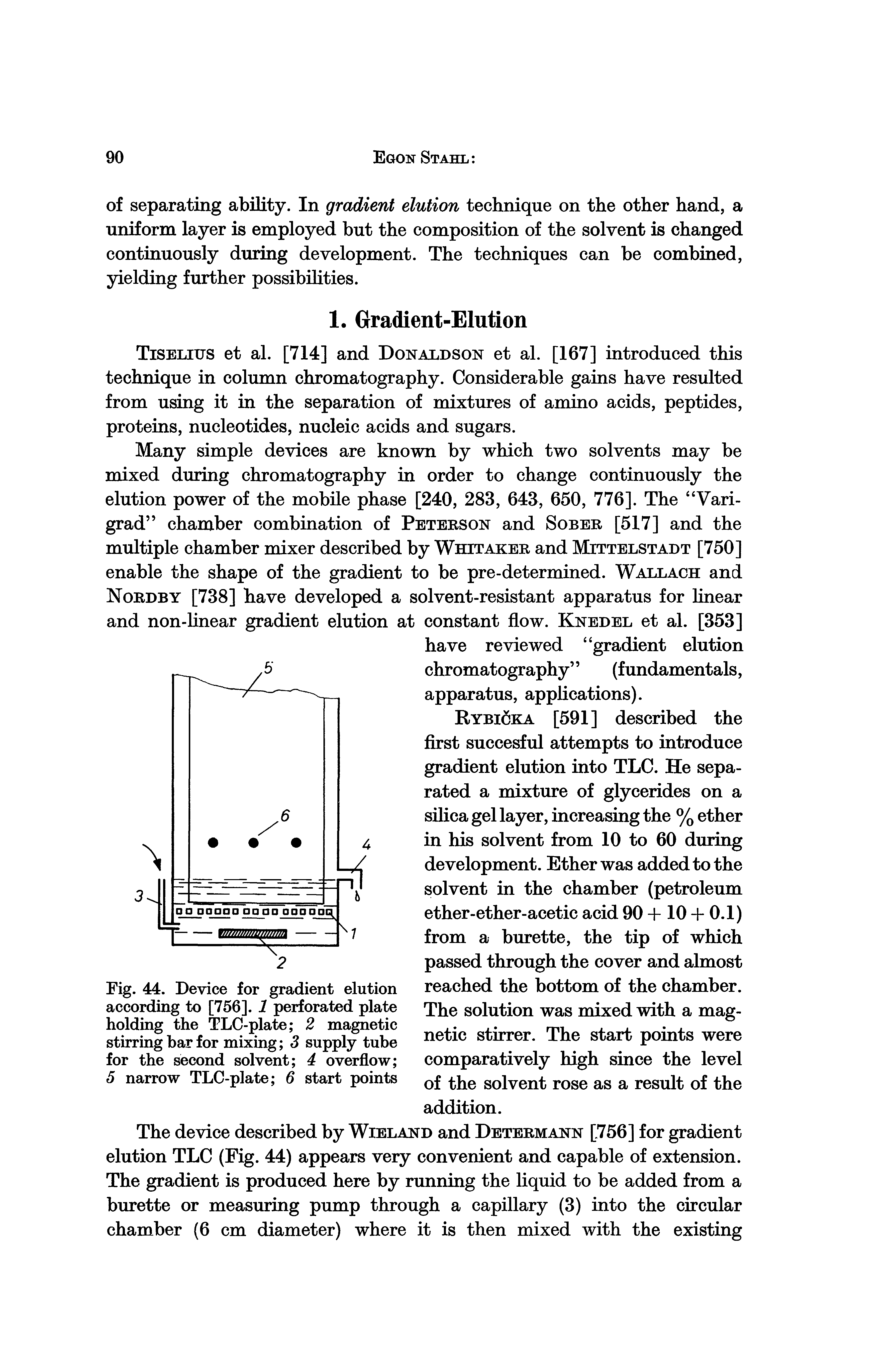Fig. 44. Device for gradient elution according to [756]. 1 perforated plate holding the TLC-plate 2 magnetic stirring bar for mixing S supply tube for the second solvent 4 overflow 5 narrow TLC-plate 6 start points...