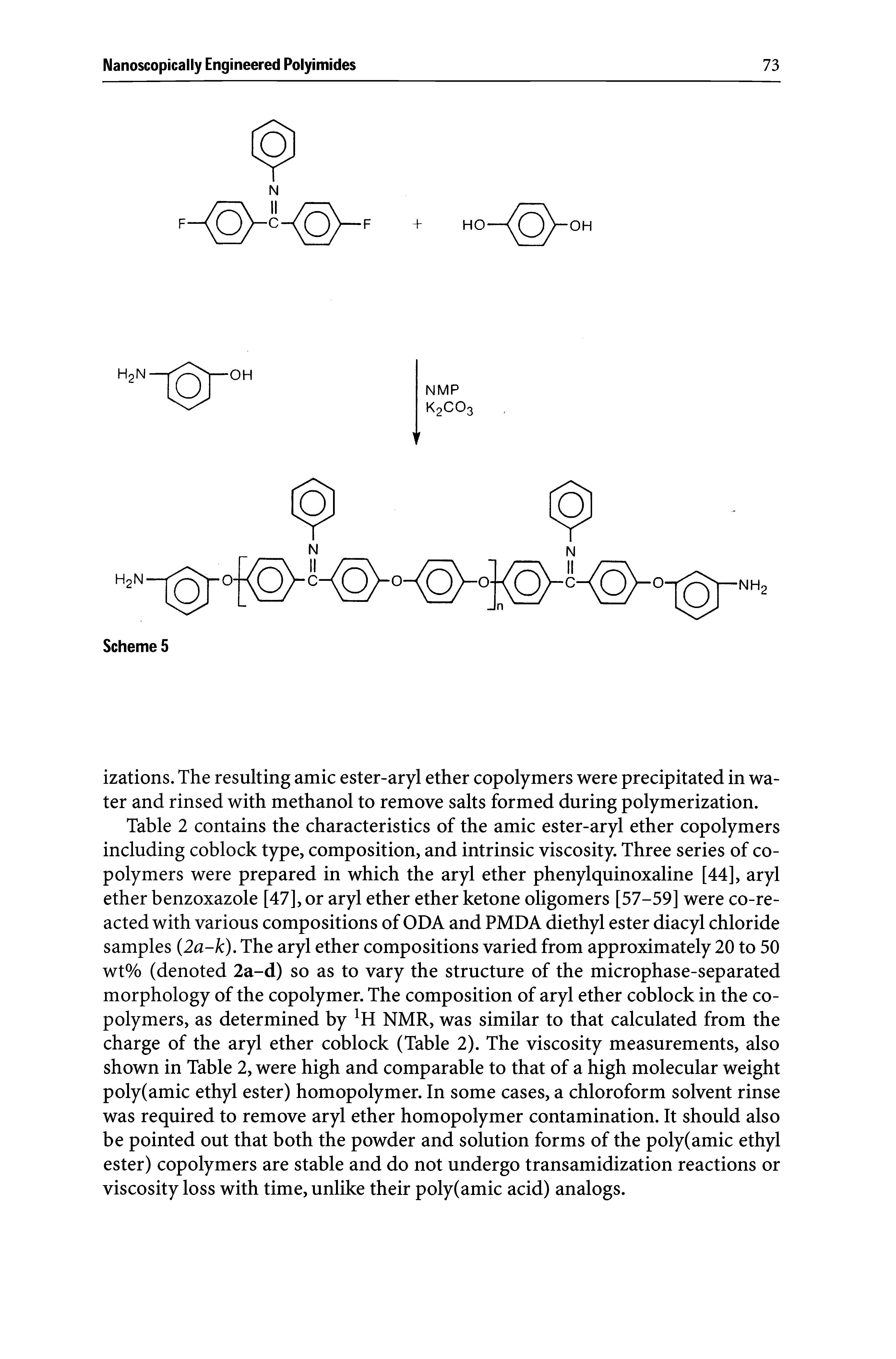 Table 2 contains the characteristics of the amic ester-aryl ether copolymers including coblock type, composition, and intrinsic viscosity. Three series of copolymers were prepared in which the aryl ether phenylquinoxaline [44], aryl ether benzoxazole [47], or aryl ether ether ketone oligomers [57-59] were co-re-acted with various compositions of ODA and PMDA diethyl ester diacyl chloride samples (2a-k). The aryl ether compositions varied from approximately 20 to 50 wt% (denoted 2a-d) so as to vary the structure of the microphase-separated morphology of the copolymer. The composition of aryl ether coblock in the copolymers, as determined by NMR, was similar to that calculated from the charge of the aryl ether coblock (Table 2). The viscosity measurements, also shown in Table 2, were high and comparable to that of a high molecular weight poly(amic ethyl ester) homopolymer. In some cases, a chloroform solvent rinse was required to remove aryl ether homopolymer contamination. It should also be pointed out that both the powder and solution forms of the poly(amic ethyl ester) copolymers are stable and do not undergo transamidization reactions or viscosity loss with time, unlike their poly(amic acid) analogs.
