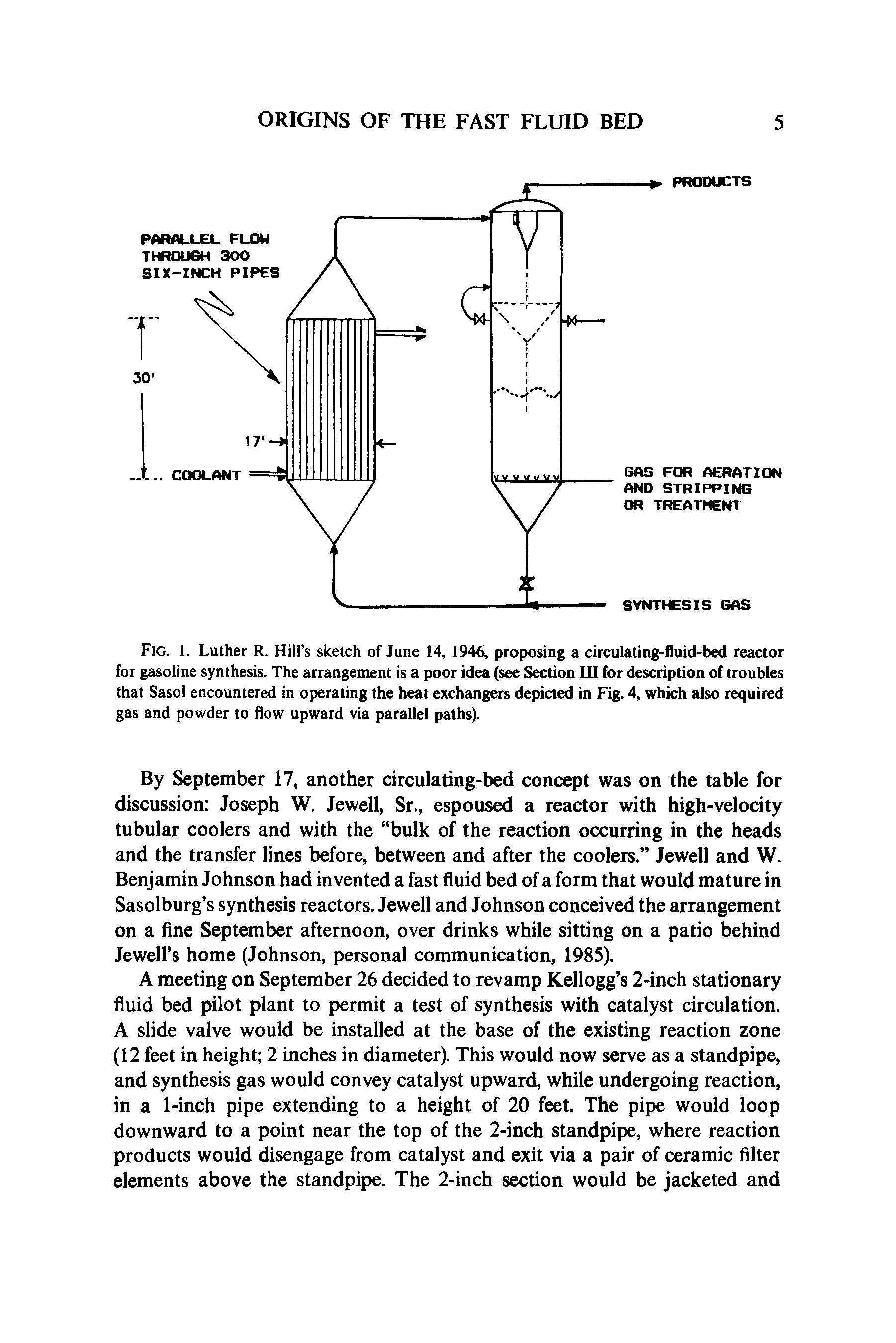 Fig. 1. Luther R. Hill s sketch of June 14, 1946, proposing a circulating-fluid-bed reactor for gasoline synthesis. The arrangement is a poor idea (see Section III for description of troubles that Sasol encountered in operating the heat exchangers depicted in Fig. 4, which also required gas and powder to flow upward via parallel paths).