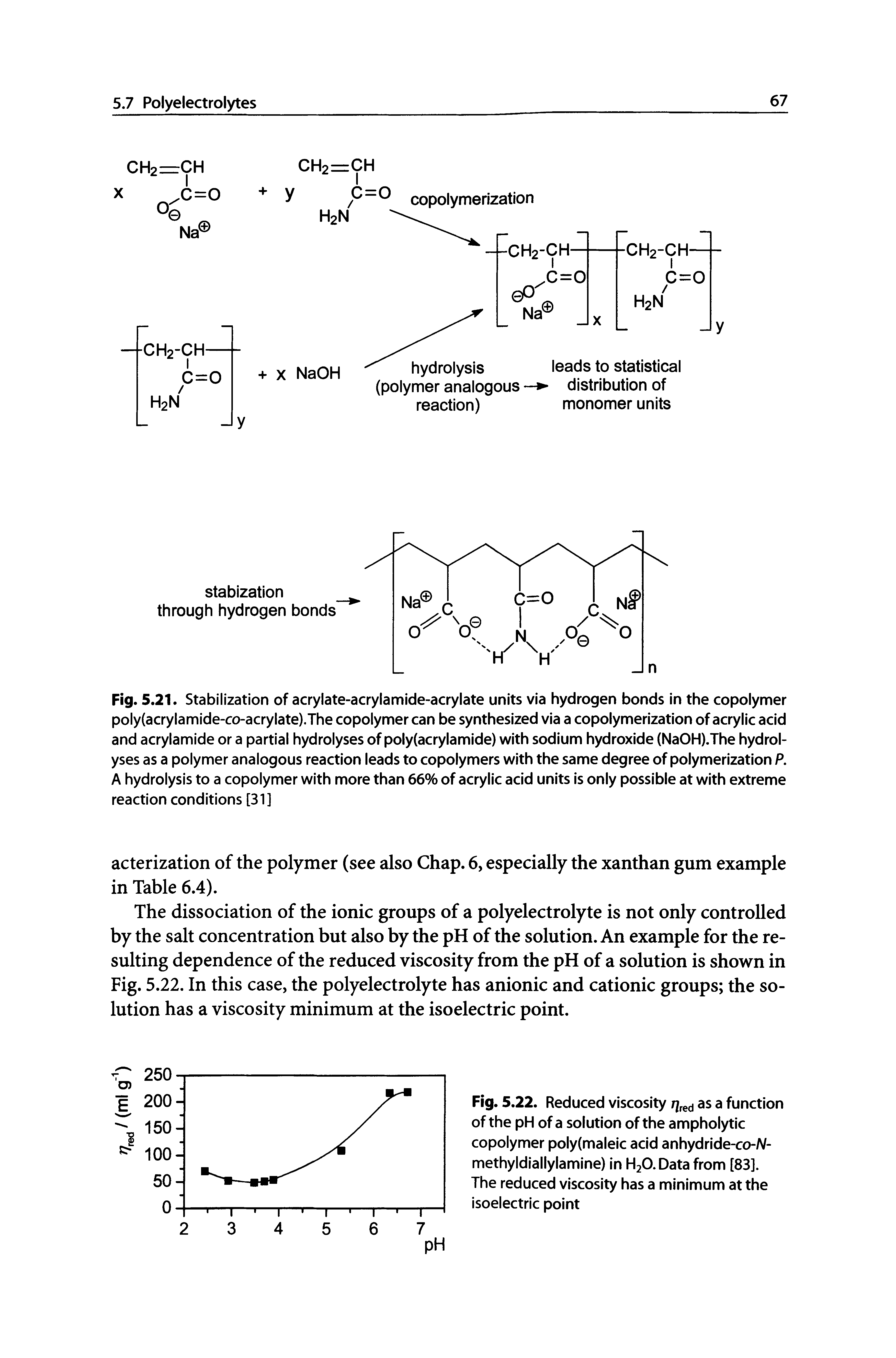 Fig. 5.21. Stabilization of acrylate-acrylamide-acrylate units via hydrogen bonds in the copolymer poly(acrylamide-co-acrylate).The copolymer can be synthesized via a copolymerization of acrylic acid and acrylamide or a partial hydrolyses of poly(acrylamlde) with sodium hydroxide (NaOH).The hydrolyses as a polymer analogous reaction leads to copolymers with the same degree of polymerization P. A hydrolysis to a copolymer with more than 66% of acrylic acid units is only possible at with extreme reaction conditions [31]...