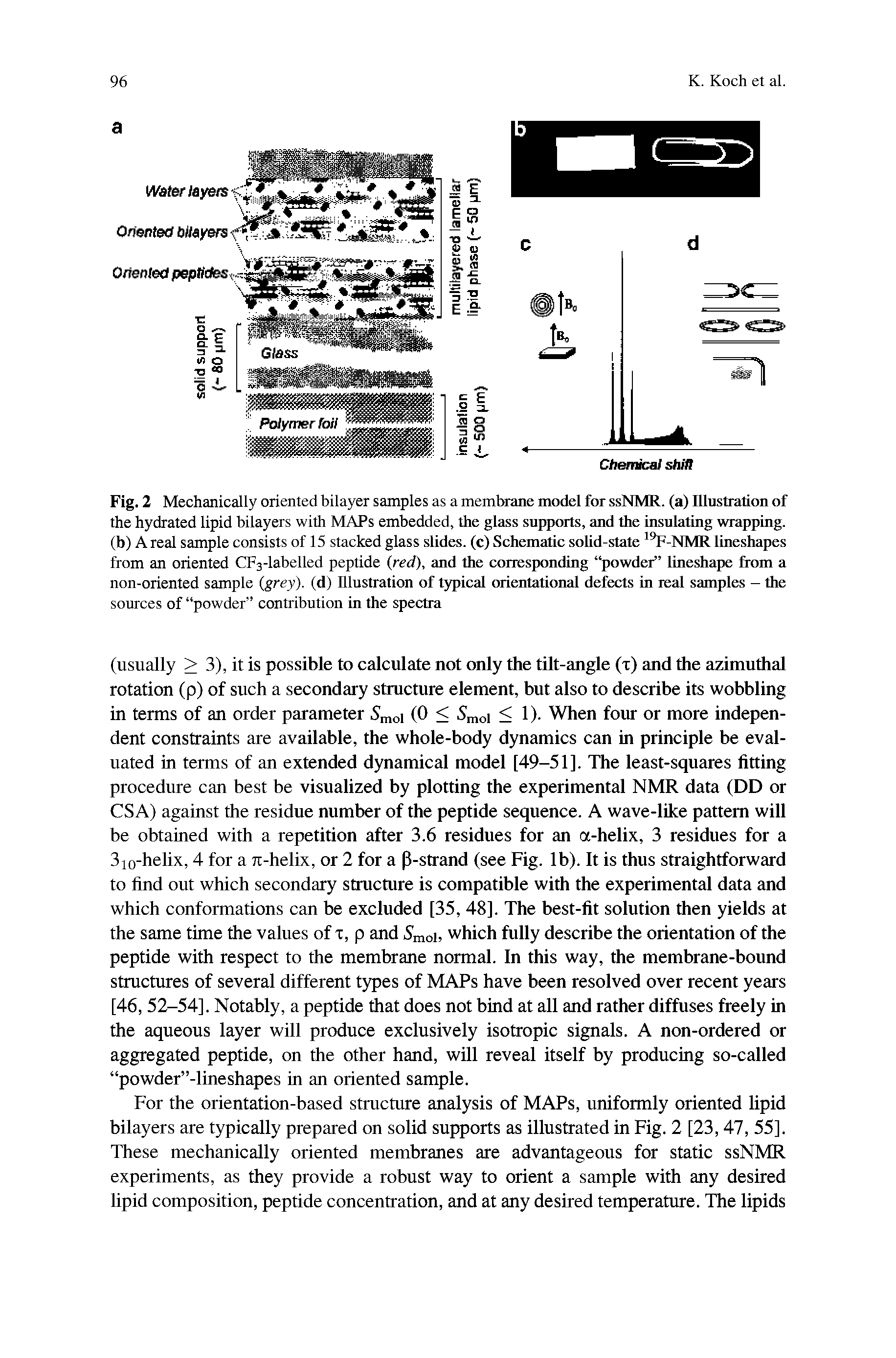 Fig. 2 Mechanically oriented bilayer samples as a membrane model for ssNMR. (a) Illustration of the hydrated lipid bilayers with MAPs embedded, the glass supports, and the insulating wrapping, (b) A real sample consists of 15 stacked glass slides, (c) Schematic solid-state 19F-NMR lineshapes from an oriented CF3-labelled peptide (red), and the corresponding powder lineshape from a non-oriented sample (grey), (d) Illustration of typical orientational defects in real samples - the sources of powder contribution in the spectra...