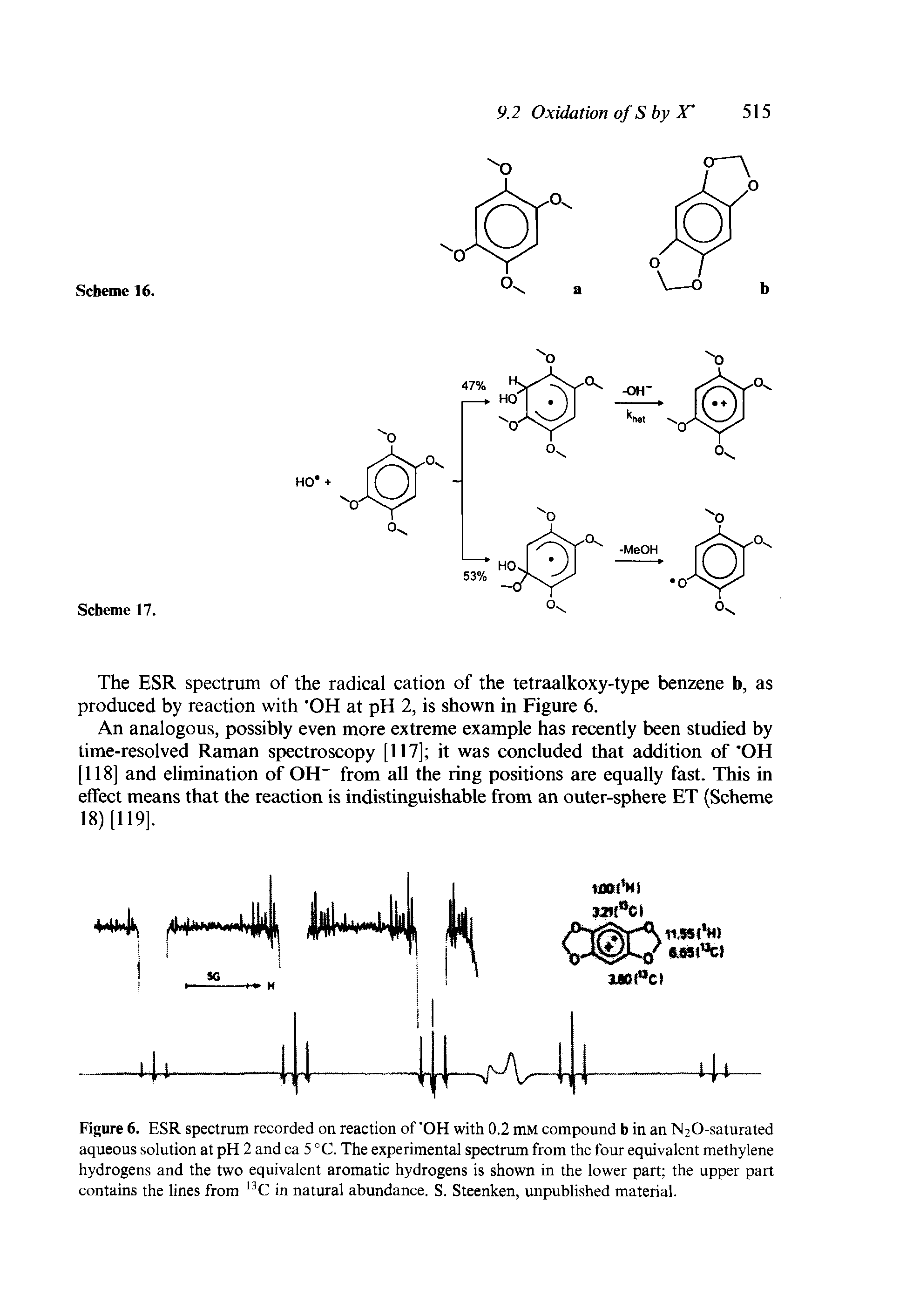 Figure 6. ESR spectrum recorded on reaction of OH with 0.2 mM compound b in an N20-saturated aqueous solution at pH 2 and ca 5 °C. The experimental spectrum from the four equivalent methylene hydrogens and the two equivalent aromatic hydrogens is shown in the lower part the upper part contains the lines from C in natural abundance. S. Steenken, unpublished material.