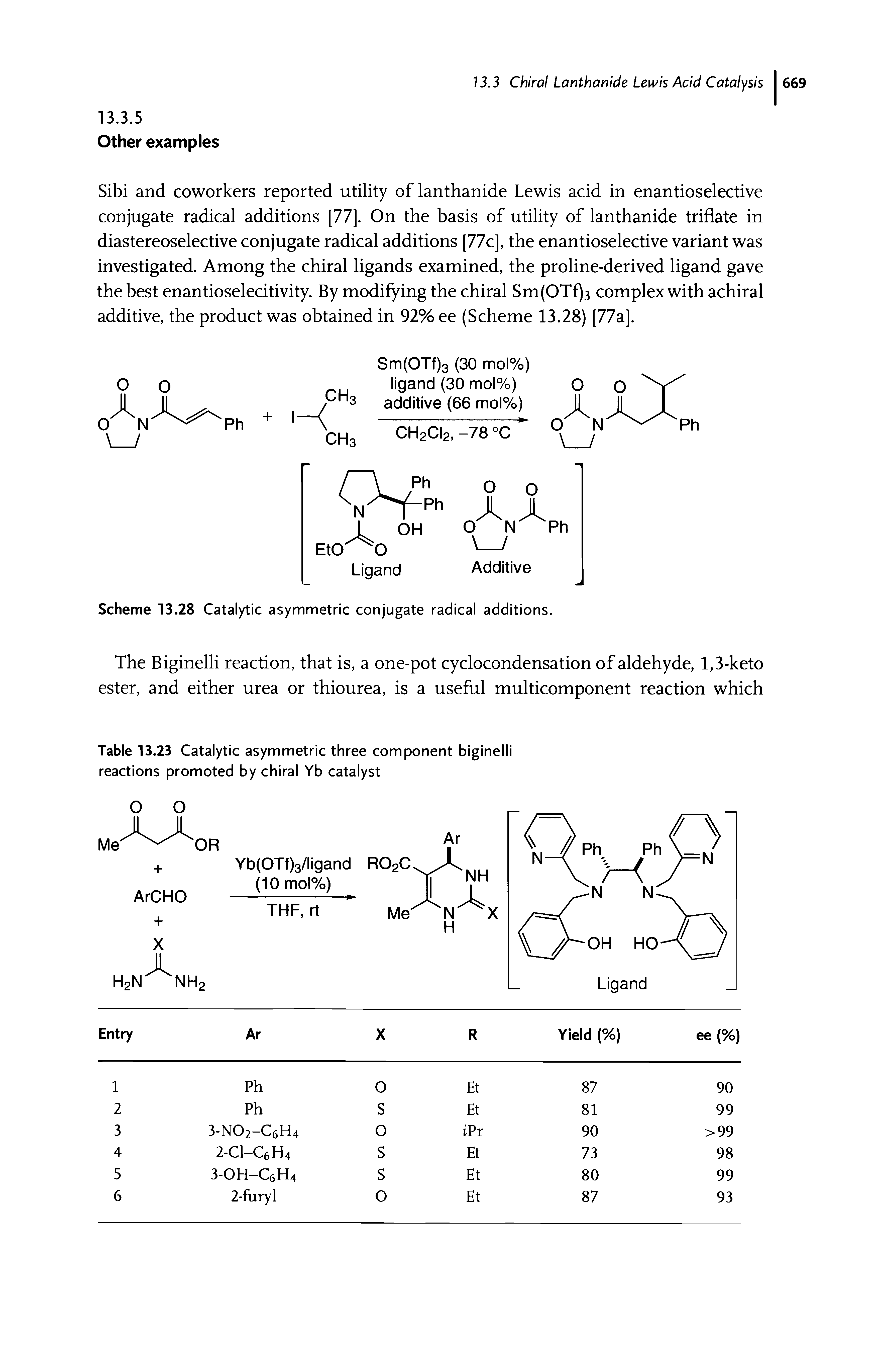 Table 13.23 Catalytic asymmetric three component biginelli reactions promoted by chiral Yb catalyst...