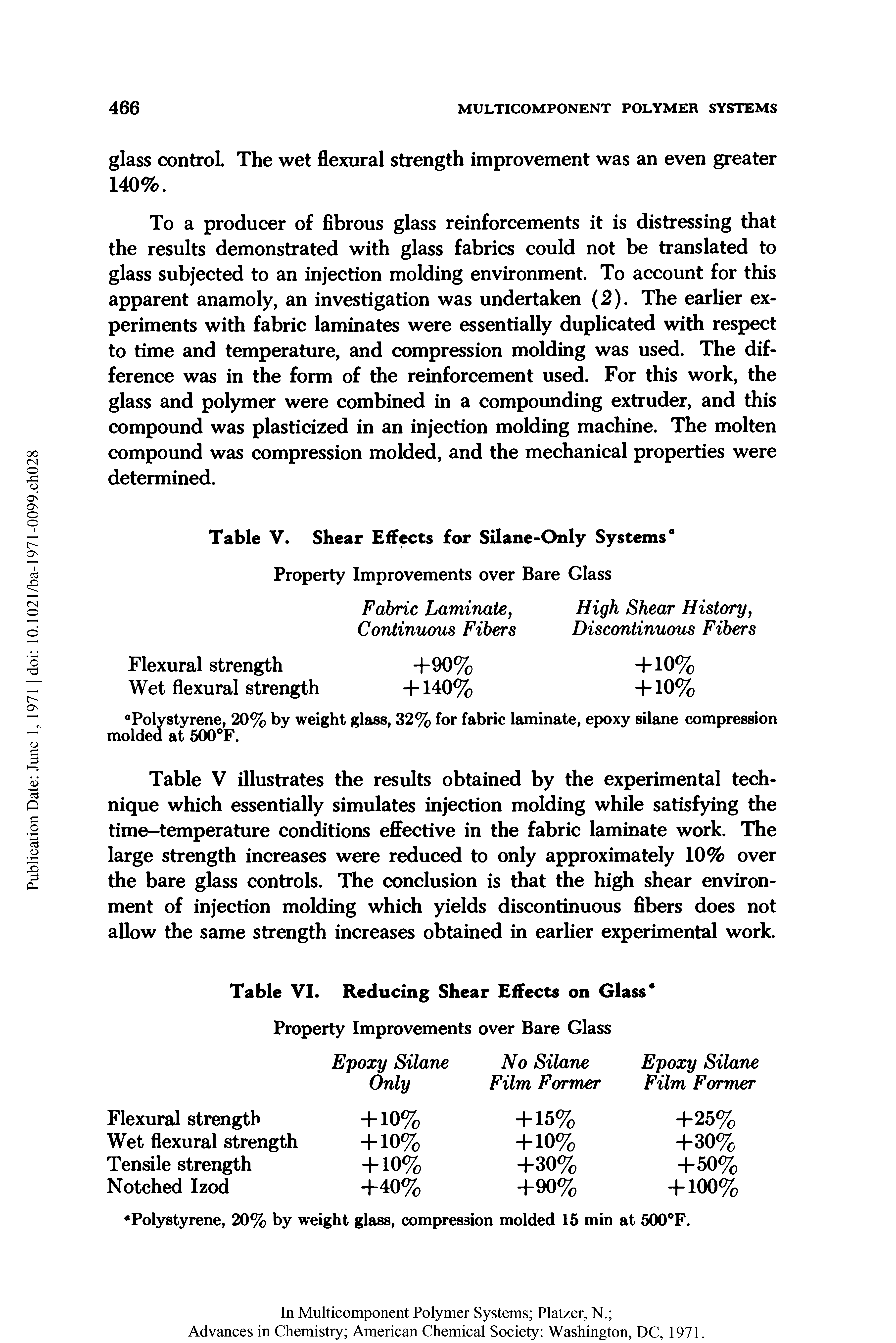 Table V illustrates the results obtained by the experimental technique which essentially simulates injection molding while satisfying the time-temperature conditions effective in the fabric laminate work. The large strength increases were reduced to only approximately 10% over the bare glass controls. The conclusion is that the high shear environment of injection molding which yields discontinuous fibers does not allow the same strength increases obtained in earlier experimental work.