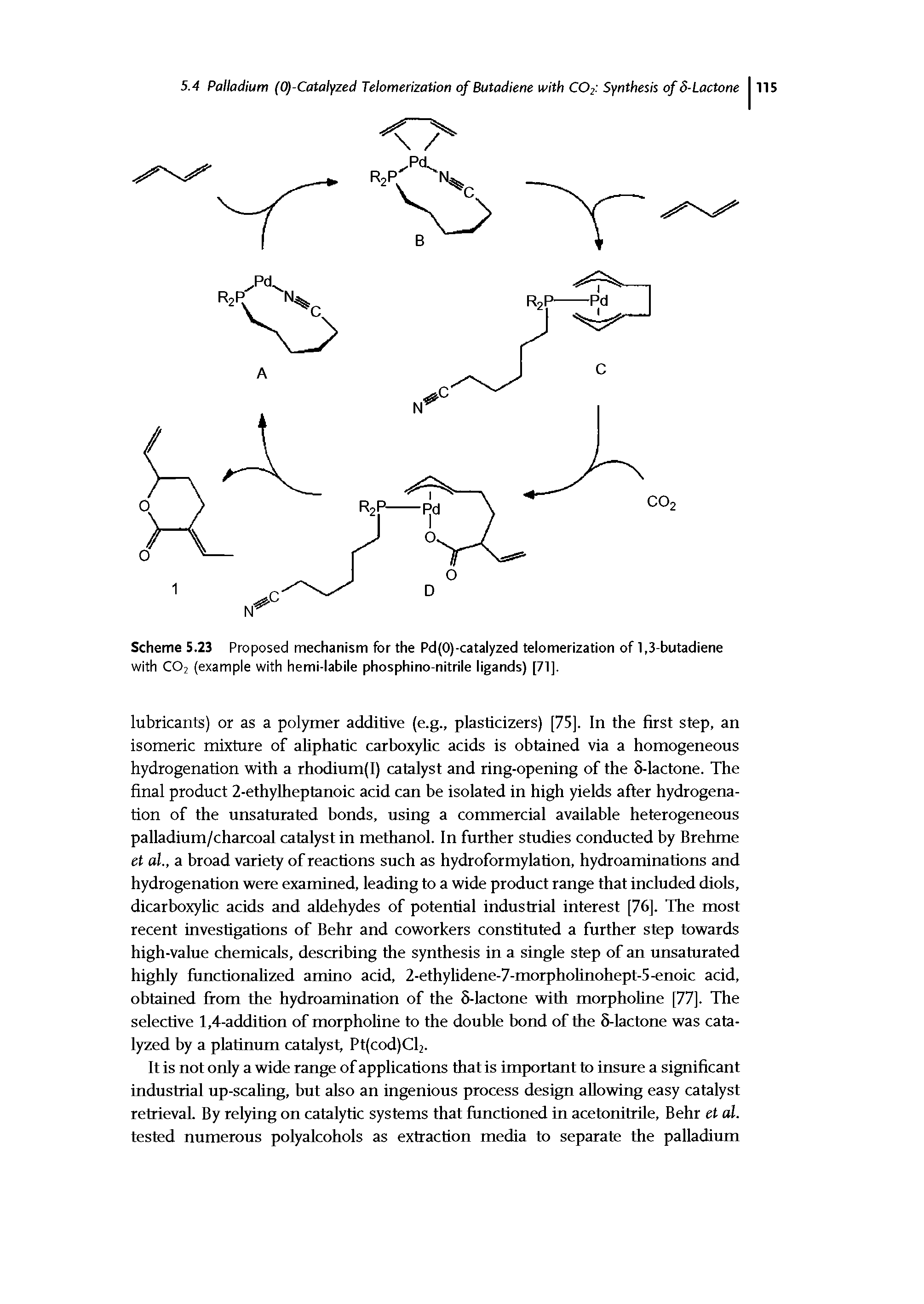 Scheme 5.23 Proposed mechanism for the Pd(0)-catalyzed telomerization of 1,3-butadiene with C02 (example with hemi-labile phosphino-nitrile ligands) [71].