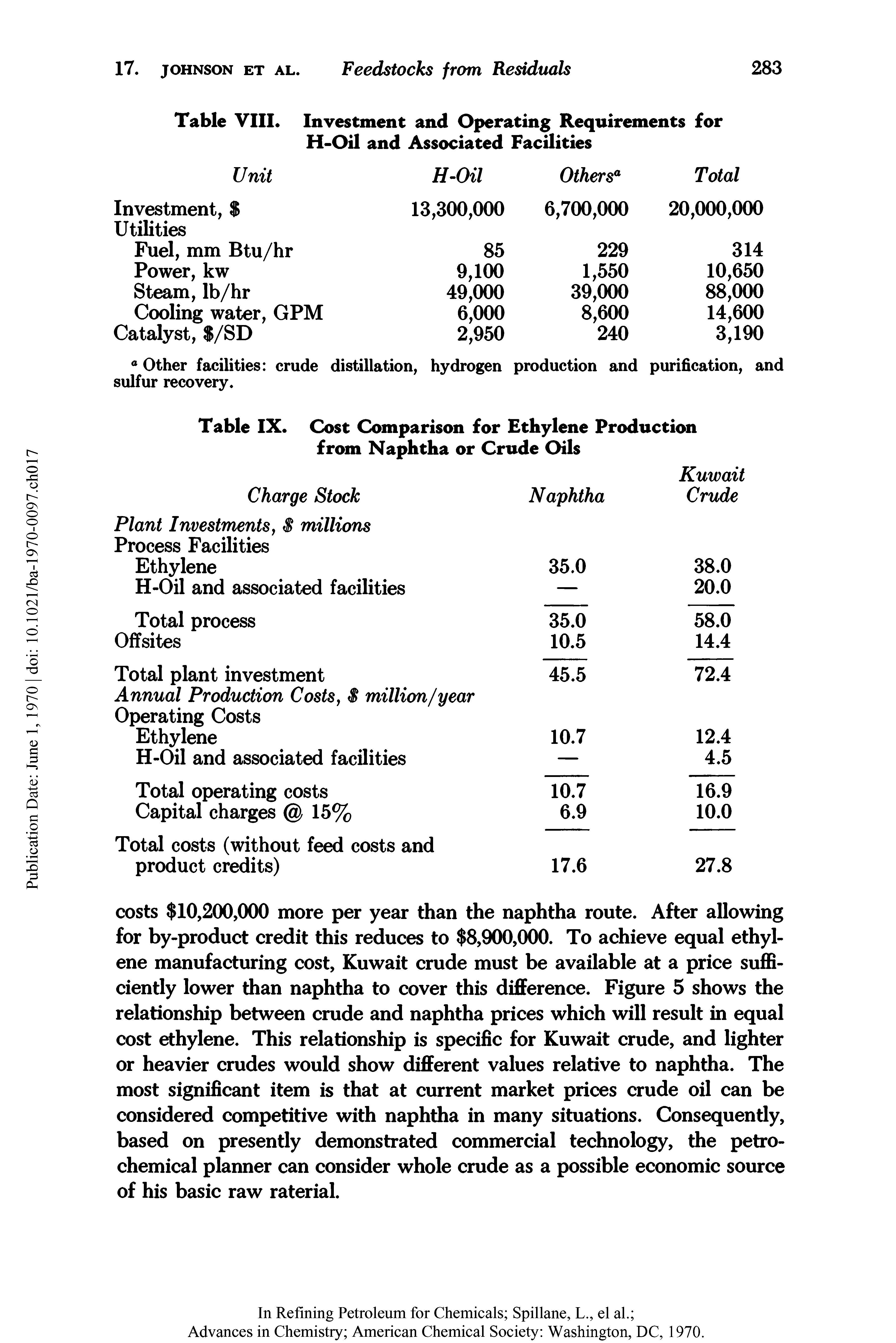 Table IX. Cost Comparison for Ethylene Production from Naphtha or Crude Oils...