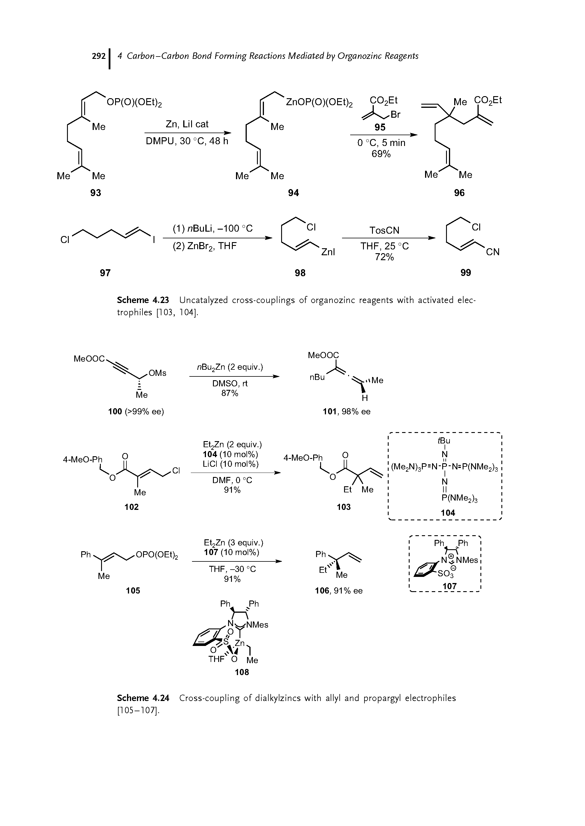 Scheme 4.24 Cross-coupling of dialkylzincs with allyl and propargyl electrophiles [105-107].