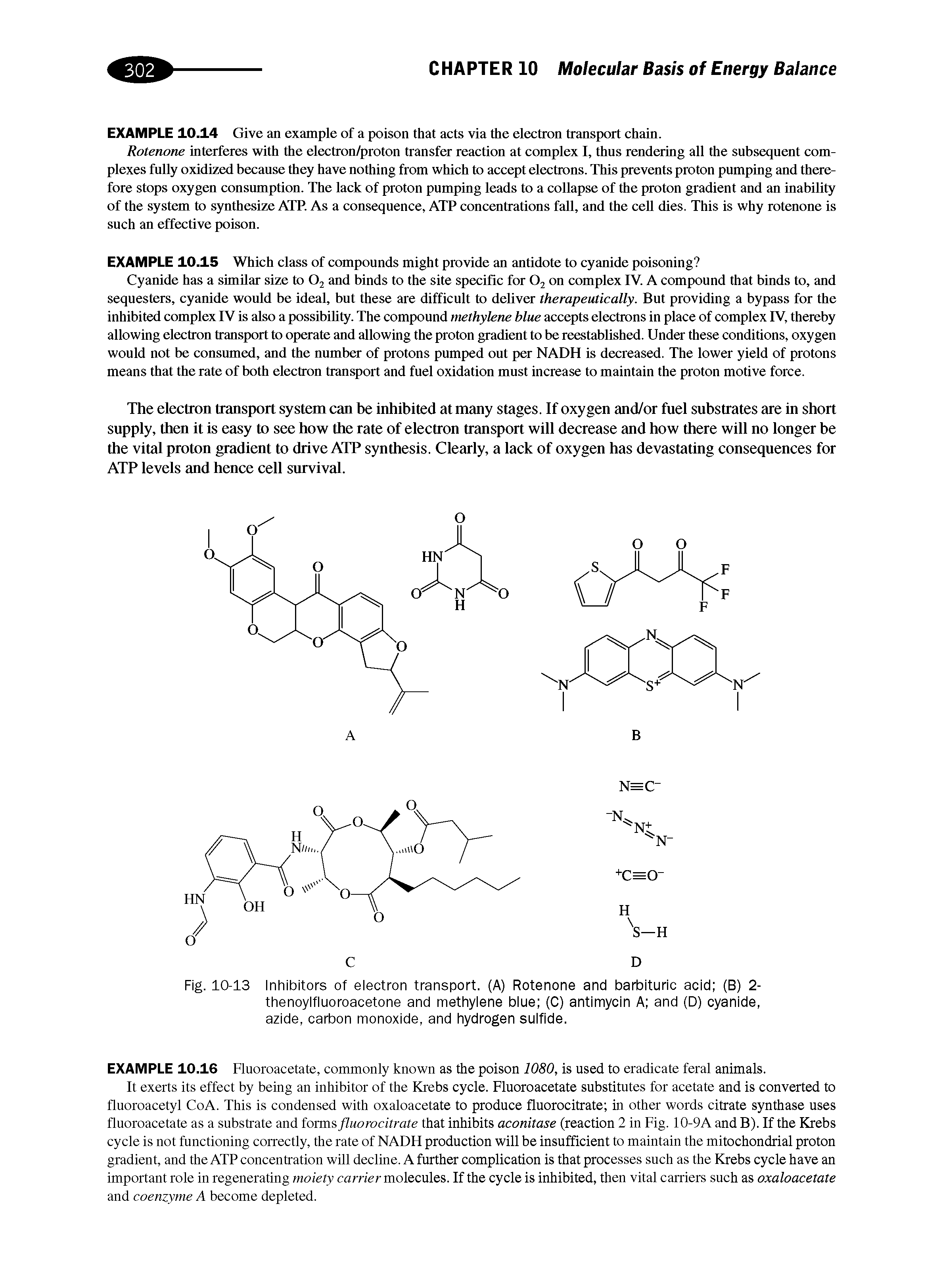 Fig. 10-13 Inhibitors of electron transport. (A) Rotenone and barbituric acid (B) 2-thenoylfluoroacetone and methylene blue (C) antimycin A and (D) cyanide, azide, carbon monoxide, and hydrogen sulfide.