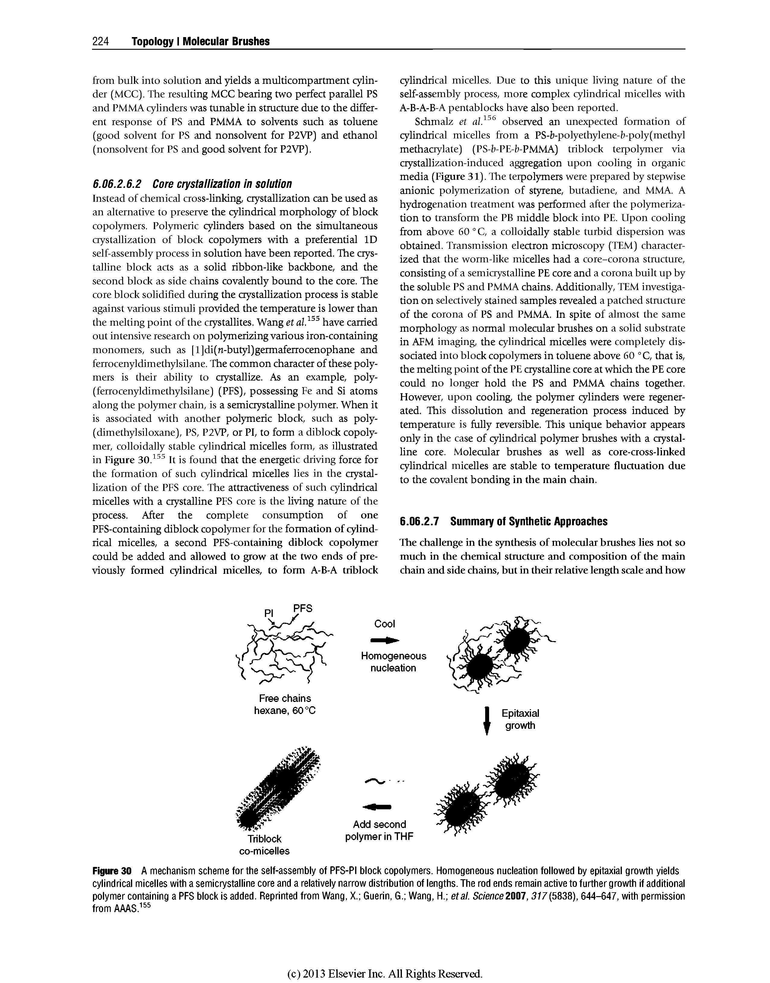 Figure 30 A mechanism scheme for the self-assembly of PFS-PI block copolymers. Homogeneous nucleatlon followed by epitaxial growth yields cylindrical micelles with a semicrystalline core and a relatively narrow distribution of lengths. The rod ends remain active to further growth if additional polymer containing a PFS block is added. Reprinted from Wang, X. Guerin, G. Wang, H. etal. Sc/ence 2007,317(5838), 644-647, with permission from AAAS. ...