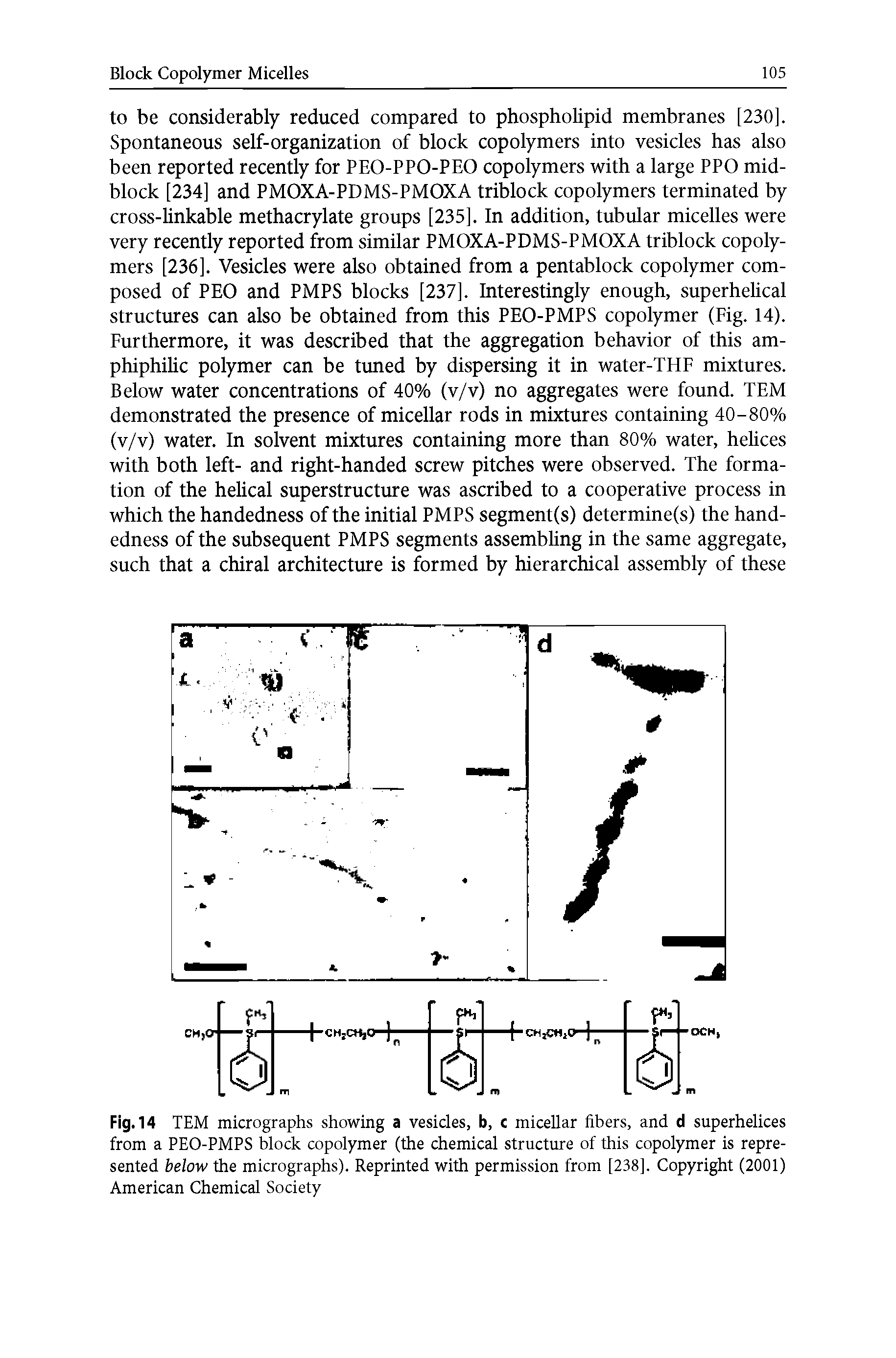 Fig. 14 TEM micrographs showing a vesicles, b, c micellar fibers, and d superhelices from a PEO-PMPS block copolymer (the chemical structure of this copolymer is represented below the micrographs). Reprinted with permission from [238]. Copyright (2001) American Chemical Society...