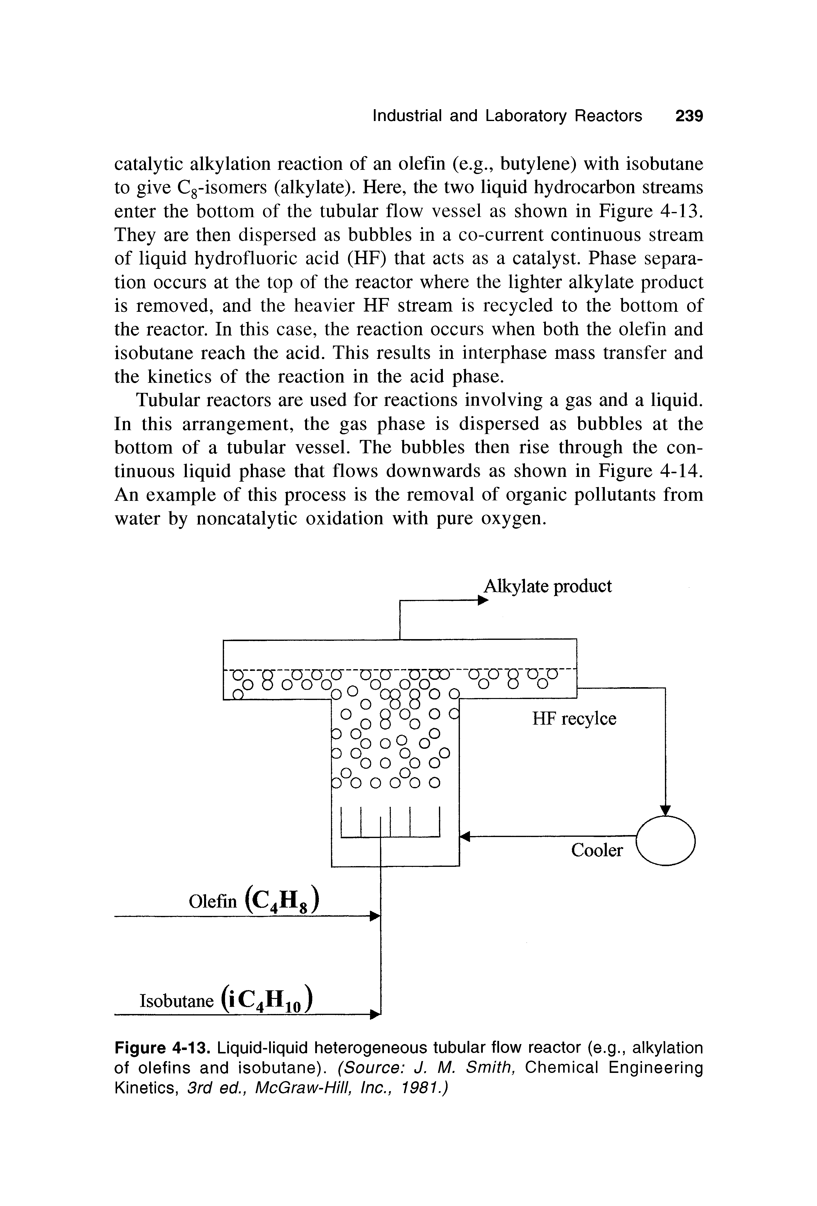Figure 4-13. Liquid-liquid heterogeneous tubular flow reactor (e.g., alkylation of olefins and isobutane). (Source J. M. Smith, Chemical Engineering Kinetics, 3rd ed., McGraw-Hill, Inc., 1981.)...
