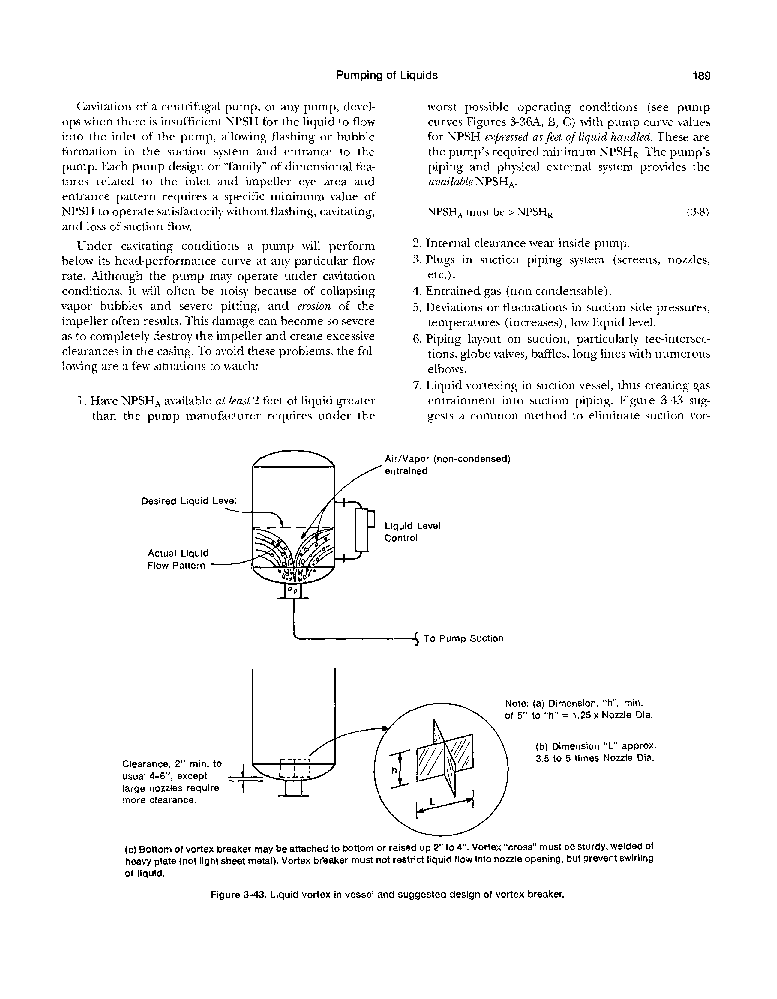 Figure 3-43. Liquid vortex in vessel and suggested design of vortex breaker.