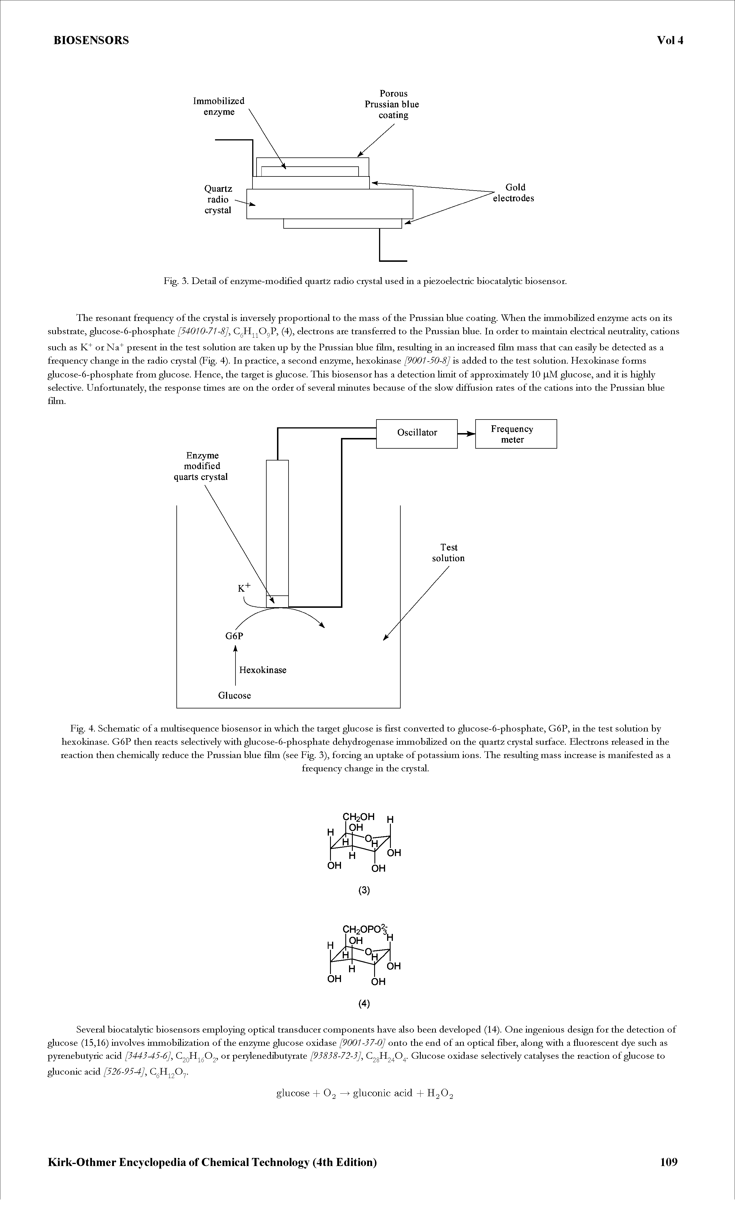 Fig. 4. Schematic of a multisequence biosensor in which the target glucose is first converted to glucose-6-phosphate, G6P, in the test solution by hexokinase. G6P then reacts selectively with glucose-6-phosphate dehydrogenase immobilized on the quartz crystal surface. Electrons released in the reaction then chemically reduce the Pmssian blue film (see Fig. 3), forcing an uptake of potassium ions. The resulting mass increase is manifested as a...