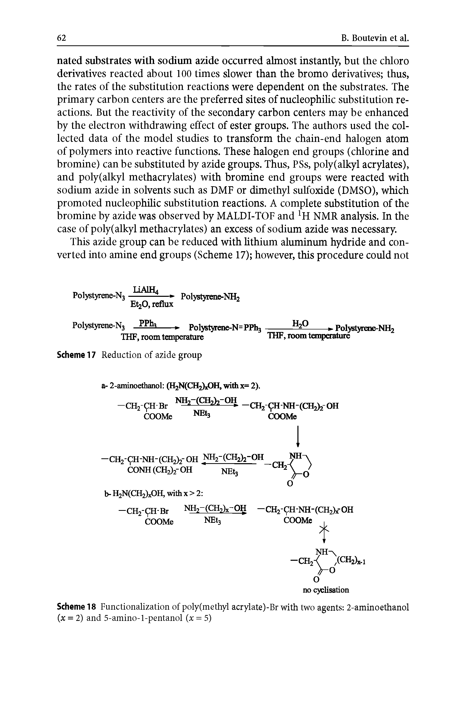 Scheme 18 Functionalization of poly(methyl acrylate)-Br with two agents 2-aminoethanol (x = 2) and 5-amino-1-pentanol (x = 5)...