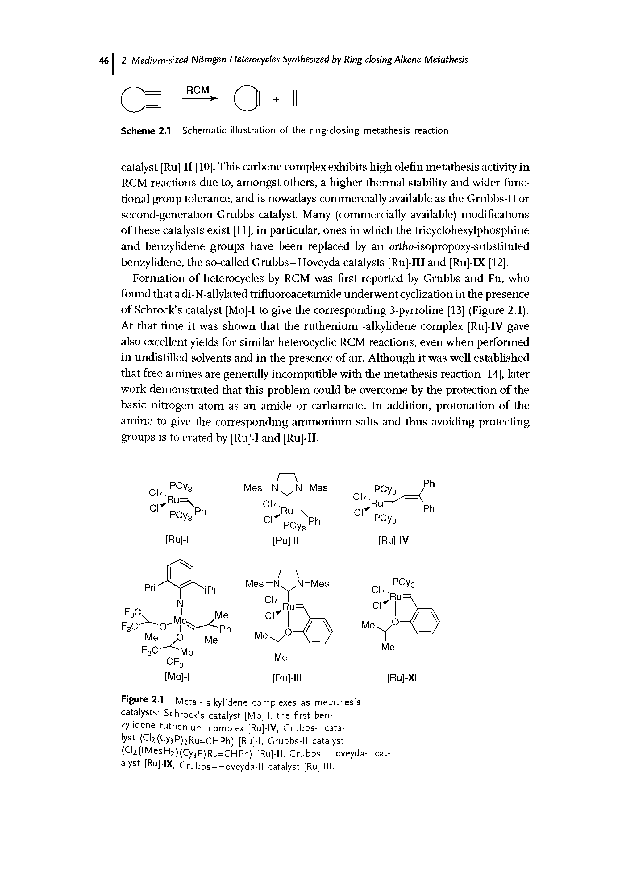 Figure 2.1 Metal-alkylidene complexes as metathesis catalysts. Schrock s catalyst [Mo]-l, the first benzyl ene ruthenium complex [Ru]-IV, Grubbs-I catalyst (Cl2(CyjP)2Ru cHph) Grubbs-II catalyst...