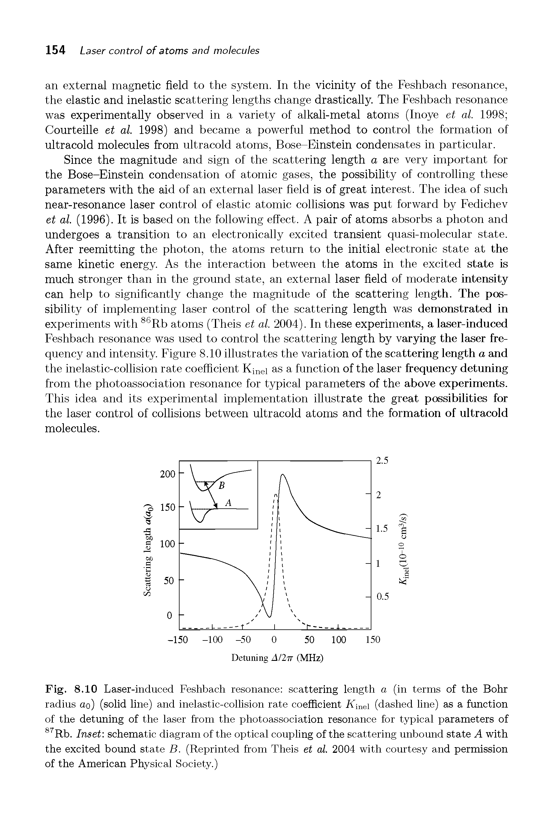 Fig. 8.10 Laser-induced Feshbach resonance scattering length a (in terms of the Bohr radius ao) (solid line) and inelastic-collision rate coefficient Ainei (dashed line) as a function of the detiming of the laser from the photoassociation resonance for typical parameters of Inset schematic diagram of the optical coupling of the scattering unbound state A with the excited bound state B. (Reprinted from Theis et al. 2004 with courtesy and permission of the American Physical Society.)...