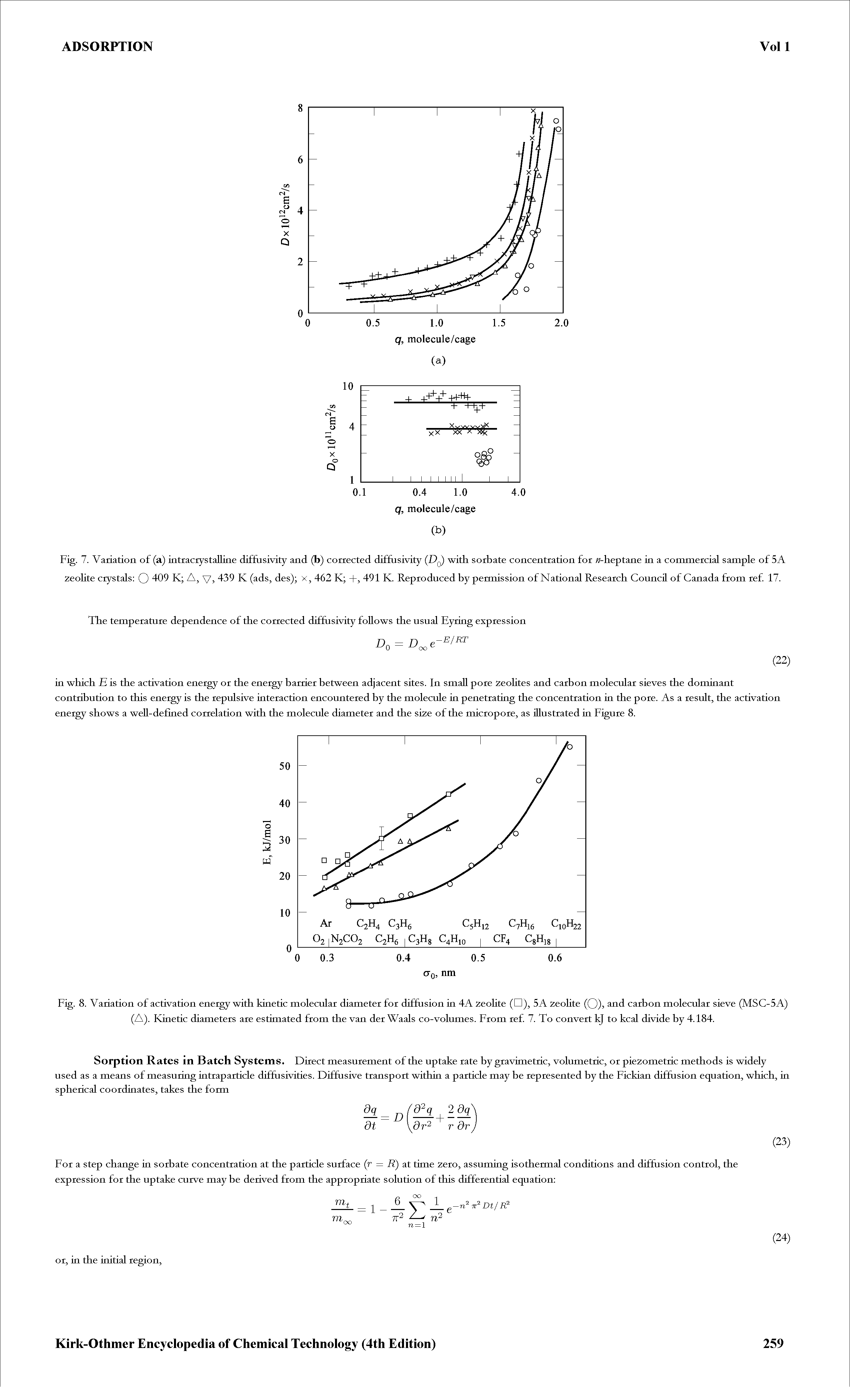 Fig. 8. Variation of activation energy with kinetic molecular diameter for diffusion in 4A 2eohte (A), 5A 2eohte (0)> carbon molecular sieve (MSC-5A) (A). Kinetic diameters are estimated from the van der Waals co-volumes. From ref. 7. To convert kj to kcal divide by 4.184.