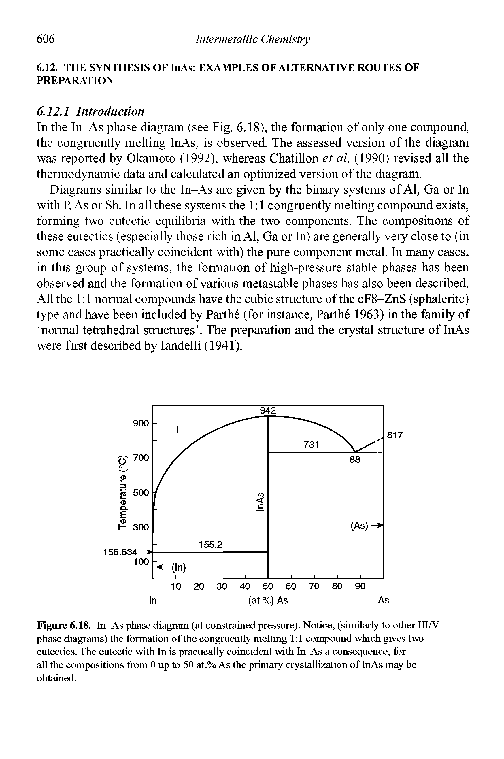 Figure 6.18. In-As phase diagram (at constrained pressure). Notice, (similarly to other III/V phase diagrams) the formation of the congruently melting 1 1 compound which gives two eutectics. The eutectic with In is practically coincident with In. As a consequence, for all the compositions from 0 up to 50 at.% As the primary crystallization of InAs may he obtained.