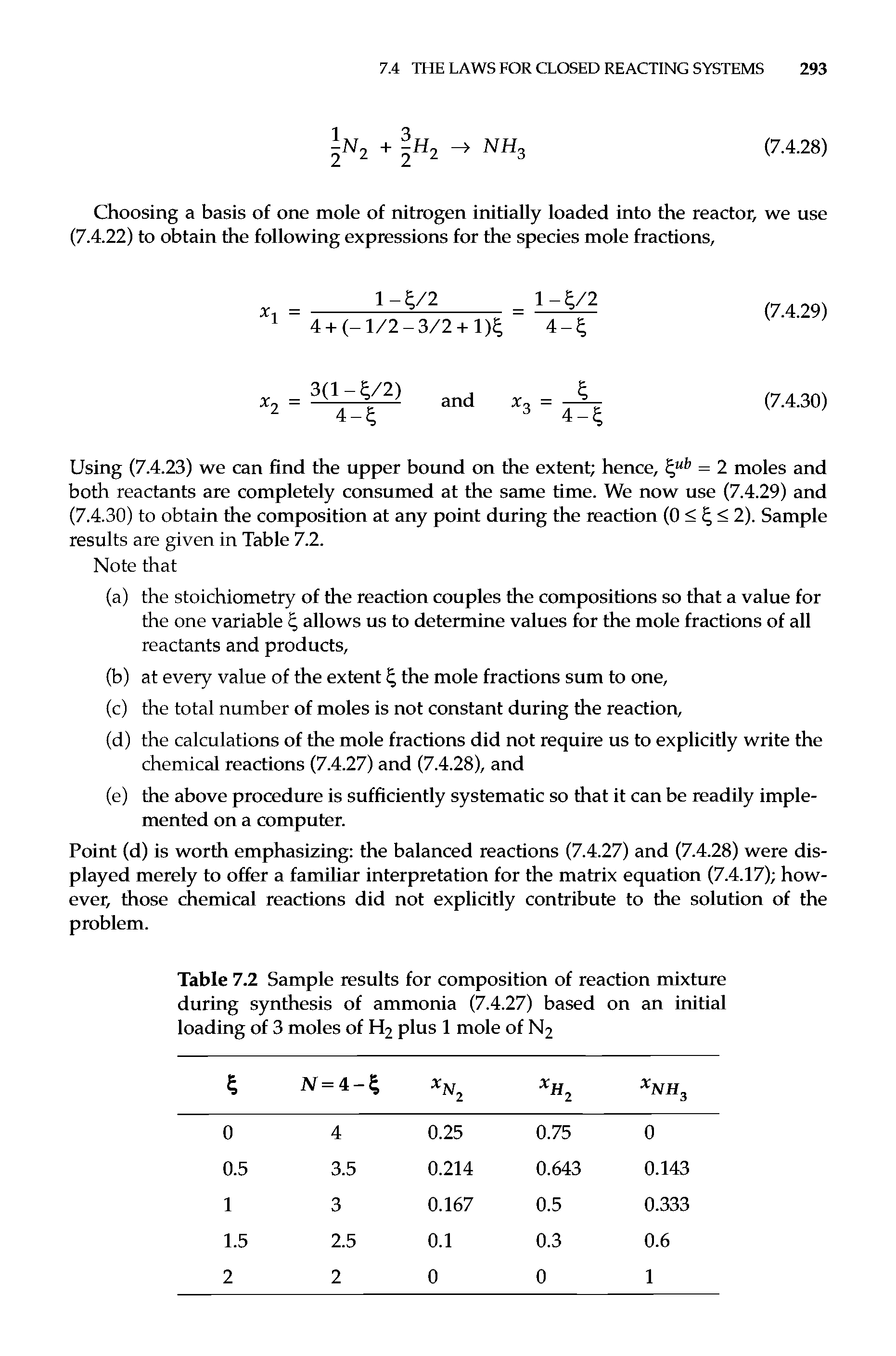 Table 7.2 Sample results for composition of reaction mixture during s)mthesis of ammonia (7.4.27) based on an initial loading of 3 moles of H2 plus 1 mole of N2...