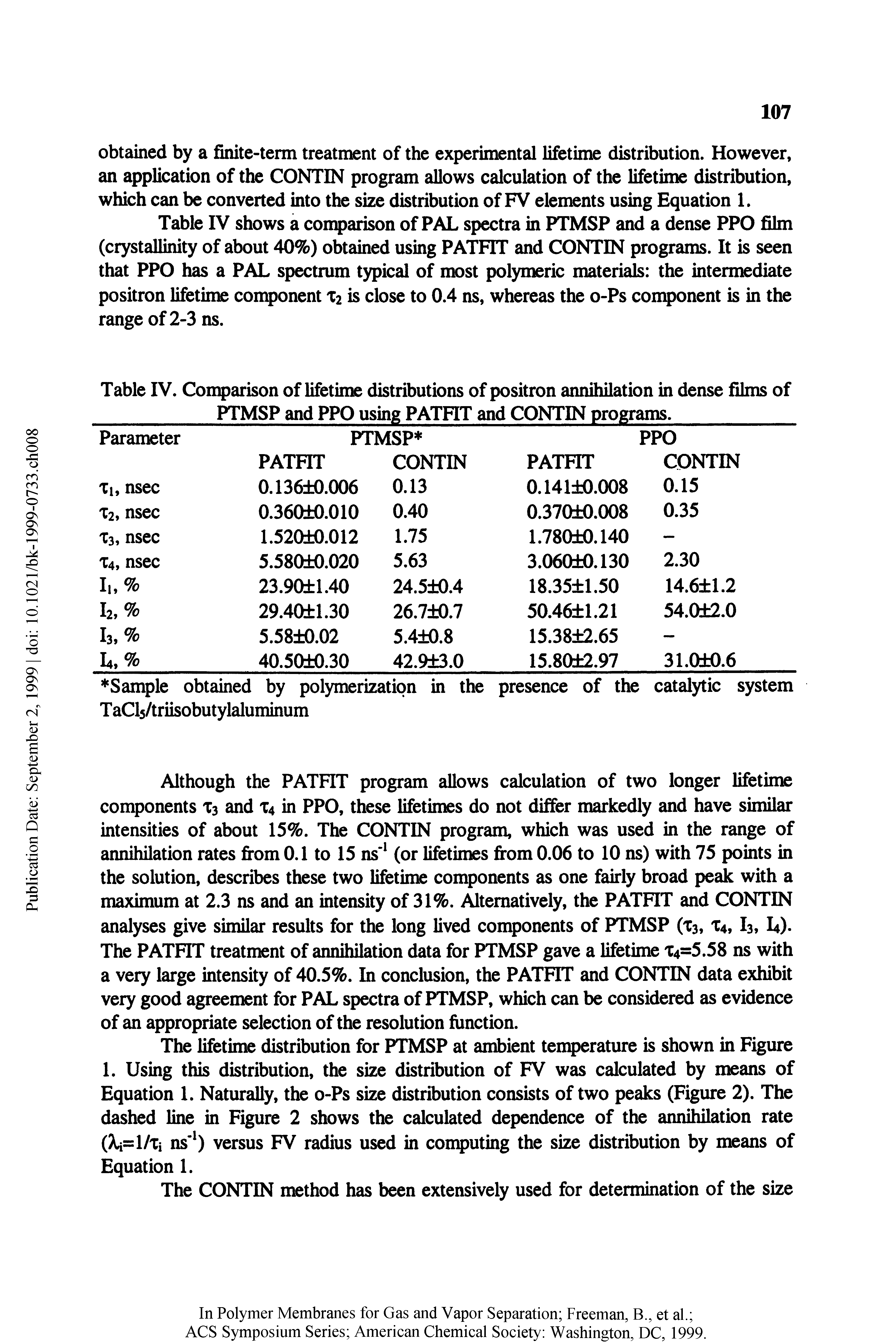 Table IV. Comparison of lifetime distributions of positron aimihilation in dense films of MSP and PPO using PATFIT and CONTIN programs.
