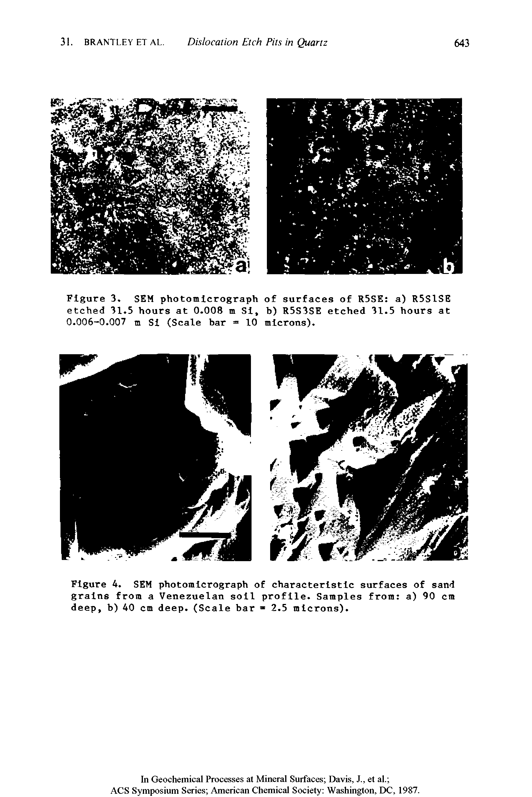 Figure 4. SEM photomicrograph of characteristic surfaces of sand grains from a Venezuelan soil profile. Samples from a) 90 cm deep, b) 40 cm deep. (Scale bar 2.5 microns).