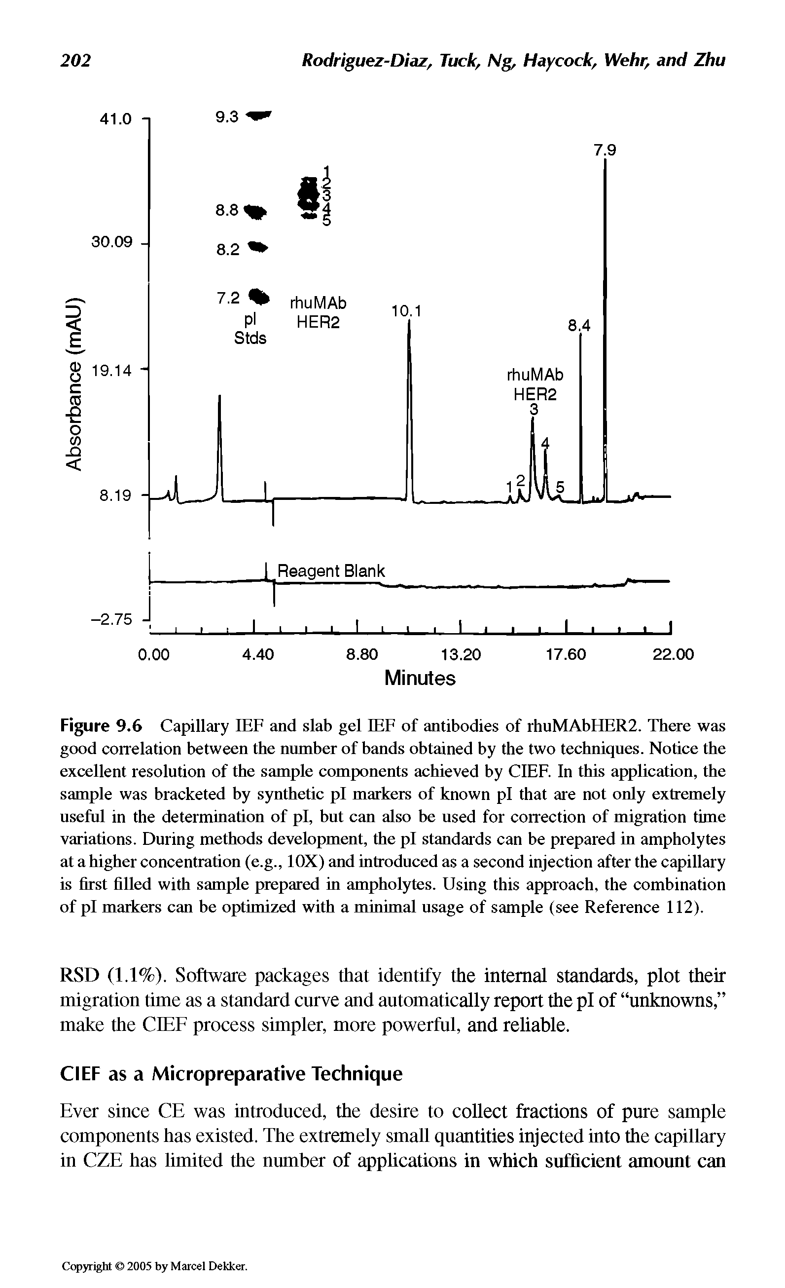 Figure 9.6 Capillary IEF and slab gel IEF of antibodies of rhuMAbHER2. There was good correlation between the number of bands obtained by the two techniques. Notice the excellent resolution of the sample components achieved by CIEF. In this application, the sample was bracketed by synthetic pi markers of known pi that are not only extremely useful in the determination of pi, but can also be used for correction of migration time variations. During methods development, the pi standards can be prepared in ampholytes at a higher concentration (e.g., 10X) and introduced as a second injection after the capillary is first filled with sample prepared in ampholytes. Using this approach, the combination of pi markers can be optimized with a minimal usage of sample (see Reference 112).
