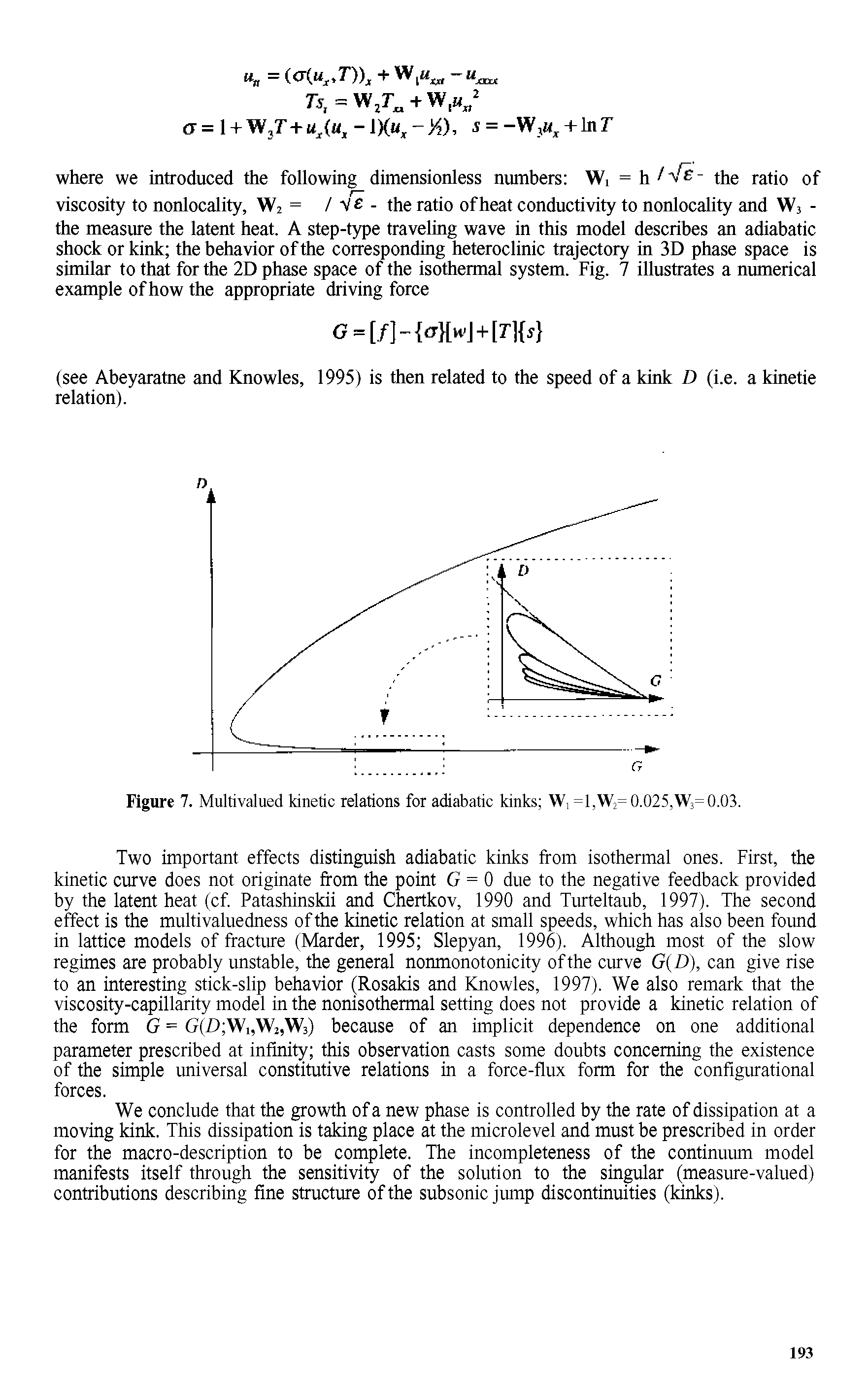 Figure 7. Multivalued kinetic relations for adiabatic kinks W, =1,W2= 0.025,W3= 0.03.