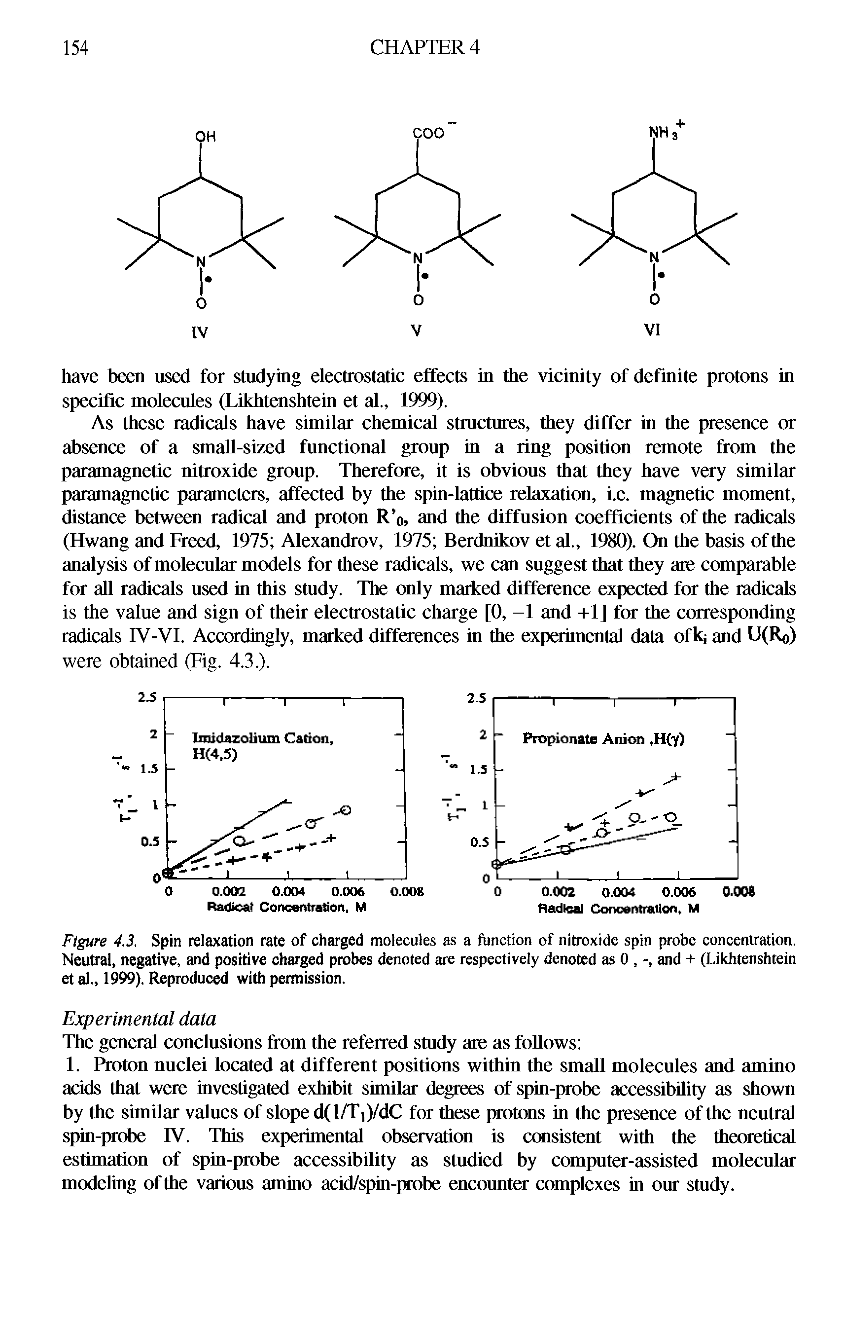 Figure 4.3. Spin relaxation rate of charged molecules as a function of nitroxide spin probe concentration. Neutral, negative, and positive charged probes denoted are respectively denoted as 0, -, and + (Likhtenshtein et al., 1999). Reproduced with permission.
