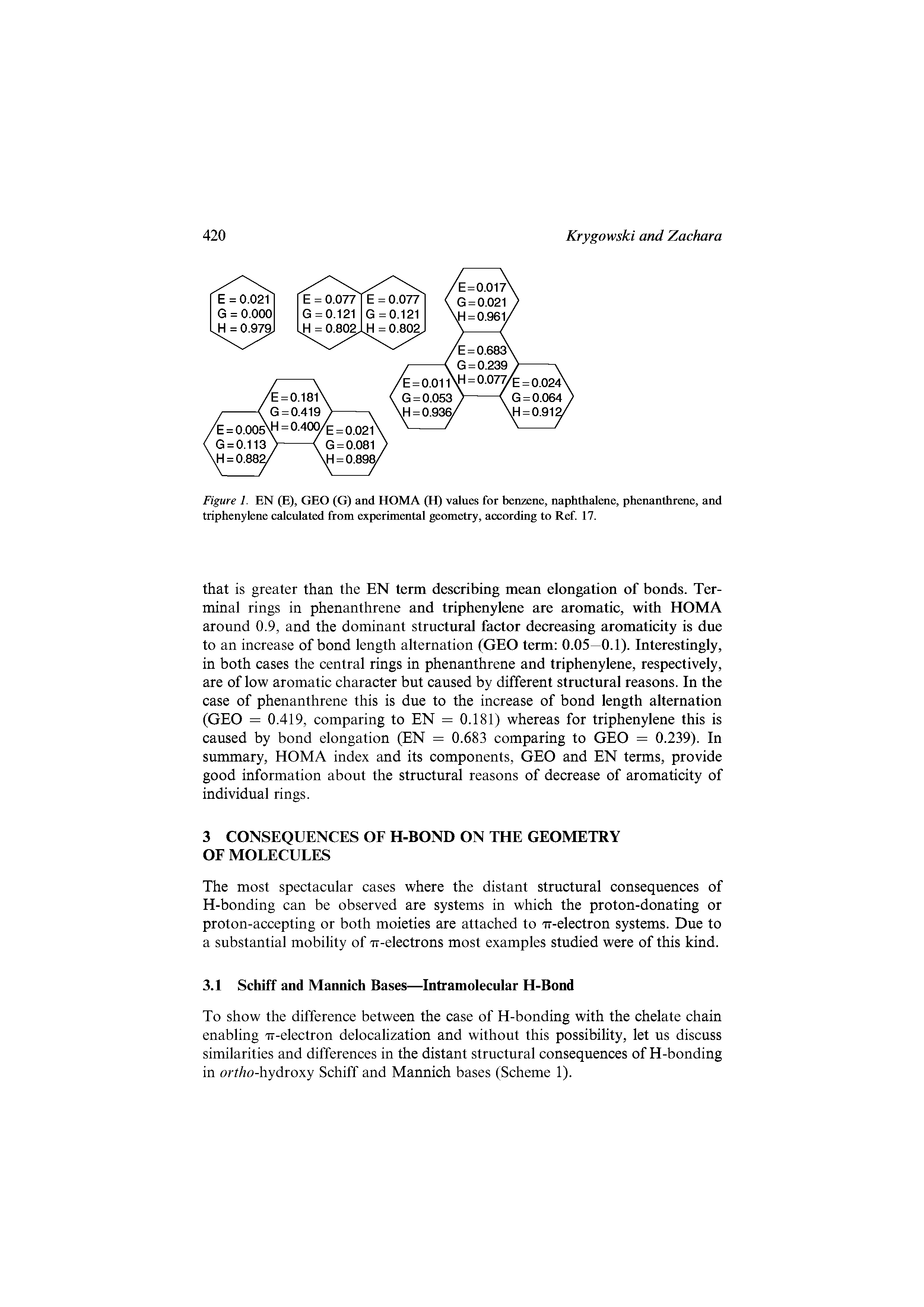 Figure I. EN (E), GEO (G) and HOMA (H) values for benzene, naphthalene, phenanthrene, and triphenylene ealeulated from experimental geometry, aecording to Ref 17.