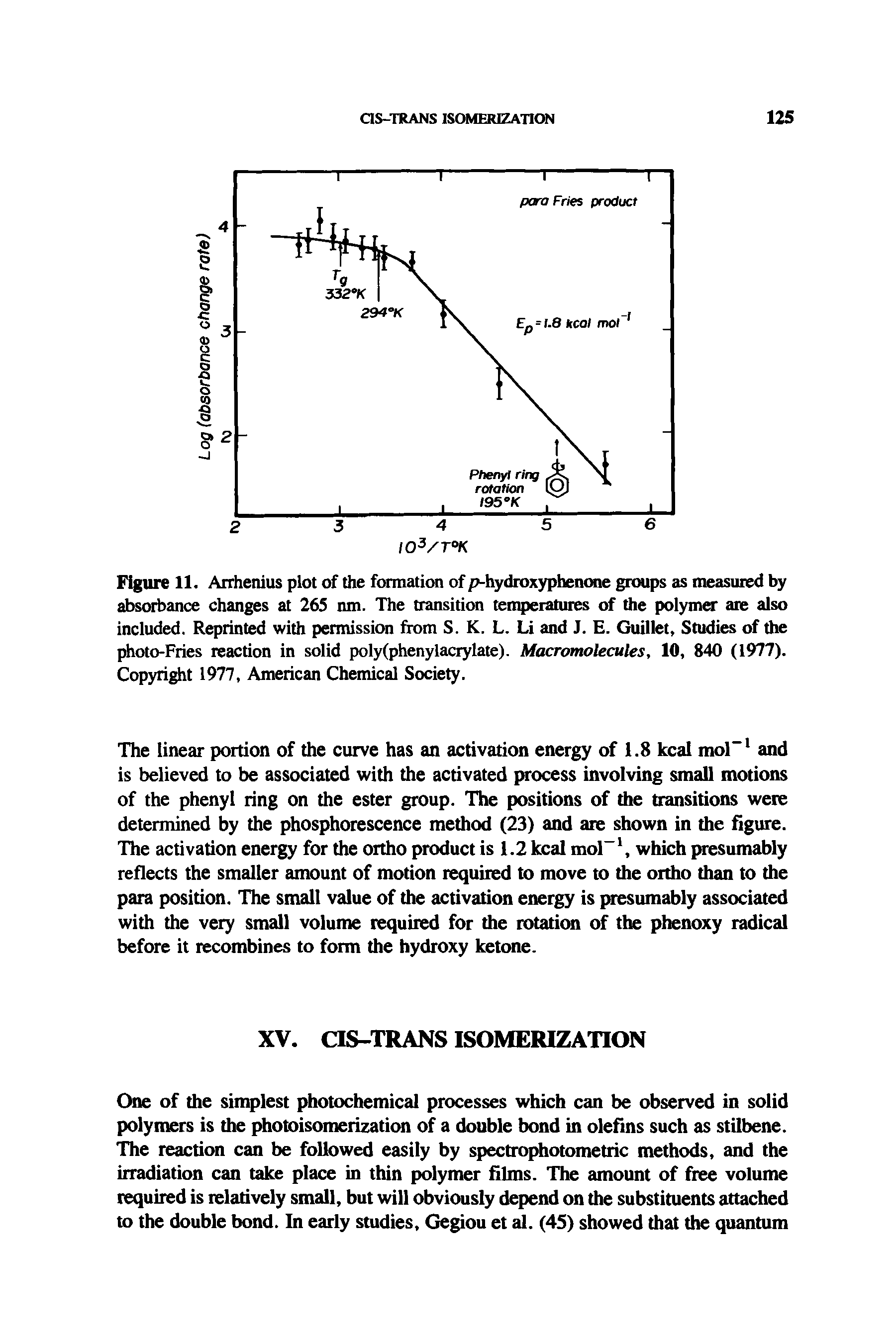Figure 11. Arrhenius plot of the formation of hydroxyphenone groups as measured by absorbance changes at 265 nm. The transition tenqieratures of the polymer are also included. Reprinted with permission from S. K. L. Li and J. E. Guillet, Studies of the photo-Fries reaction in solid poly(phenylacrylate). Macromolecules, 10, 840 (1977). Copyright 1977, American Chemical Society.