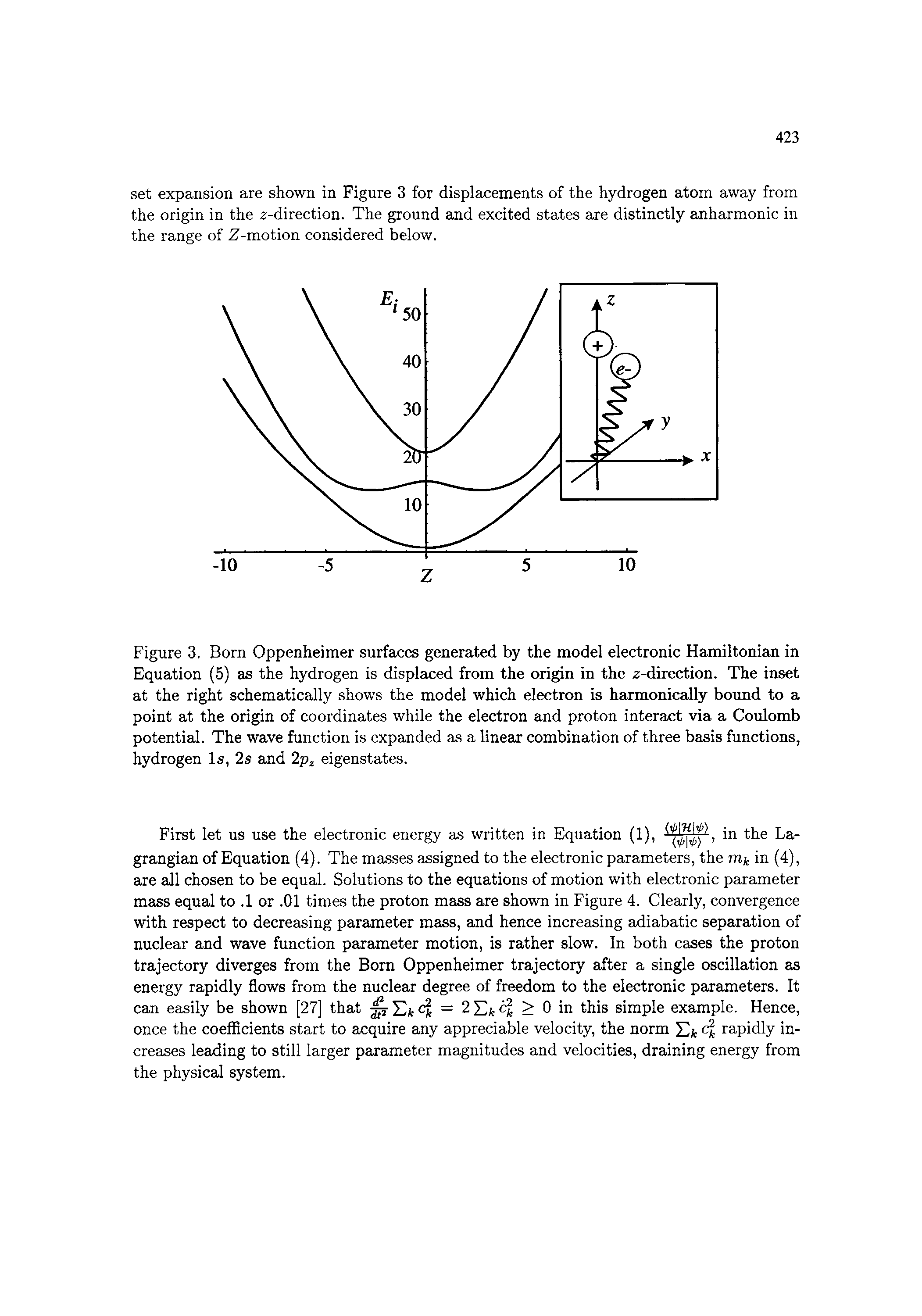 Figure 3. Born Oppenheimer surfaces generated by the model electronic Hamiltonian in Equation (5) as the hydrogen is displaced from the origin in the -direction. The inset at the right schematically shows the model which electron is harmonically bound to a point at the origin of coordinates while the electron and proton interact via a Coulomb potential. The wave function is expanded as a linear combination of three basis functions, hydrogen Is, 2s and 2pz eigenstates.
