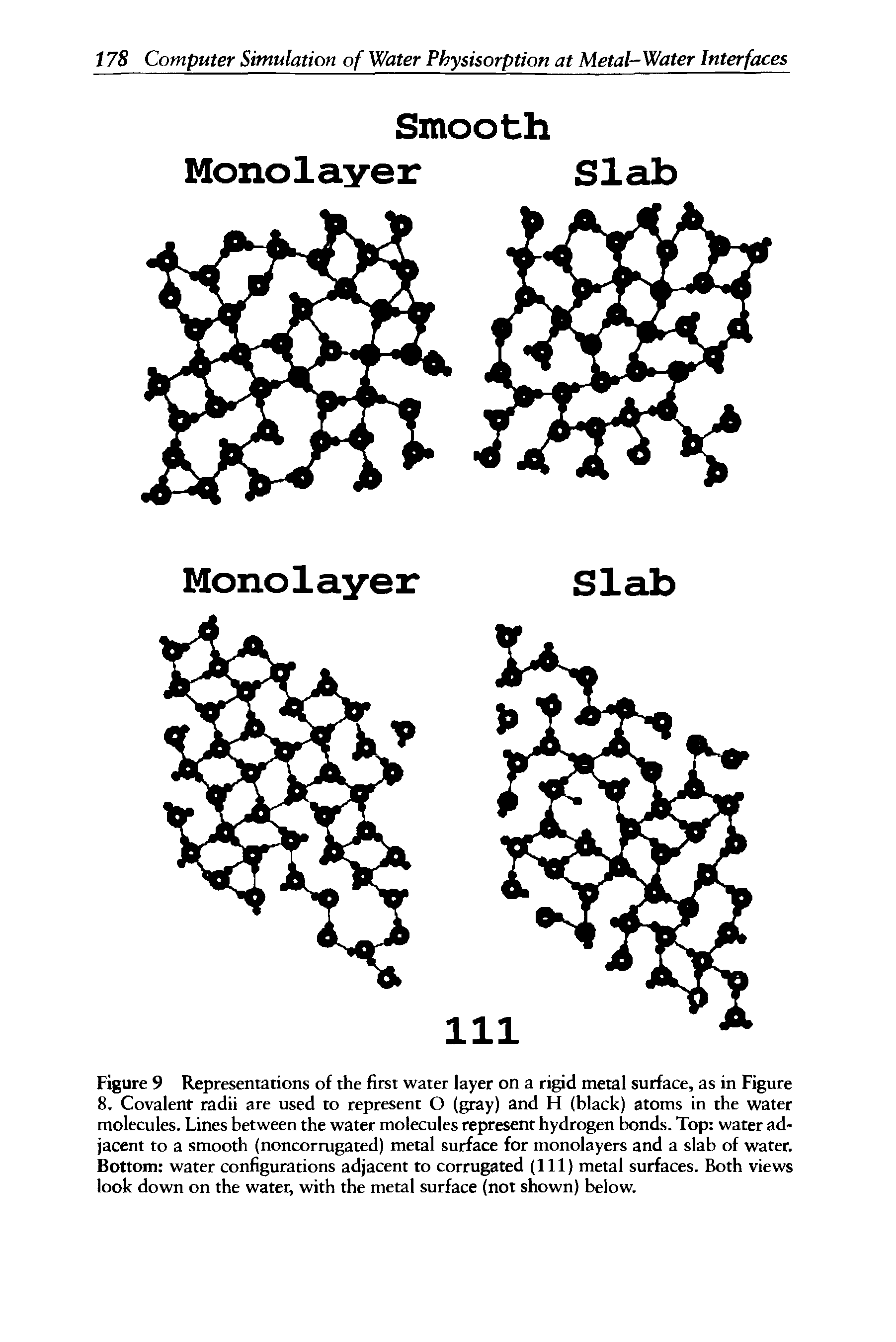 Figure 9 Representations of the first water layer on a rigid metal surface, as in Figure 8. Covalent radii are used to represent O (gray) and H (black) atoms in the water molecules. Lines between the water molecules represent hydrogen bonds. Top water adjacent to a smooth (noncorrugated) metal surface for monolayers and a slab of water. Bottom water configurations adjacent to corrugated (111) metal surfaces. Both views look down on the water, with the metal surface (not shown) below.