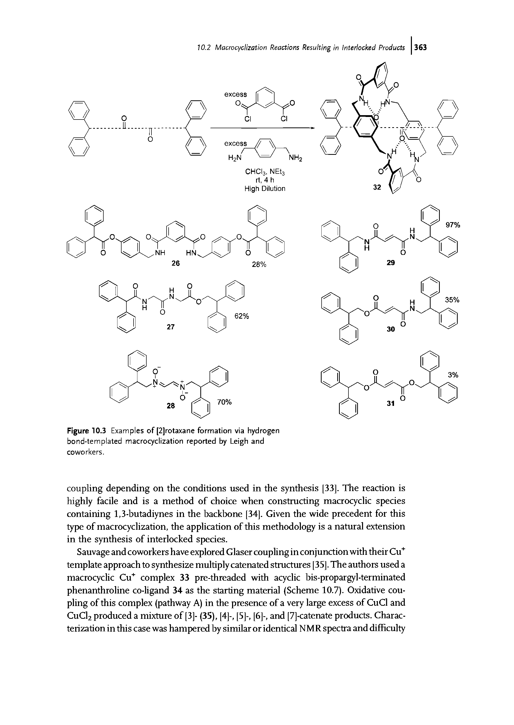 Figure 10.3 Examples of [2]rotaxane formation via hydrogen bond-templated macrocyclization reported by Leigh and coworkers.