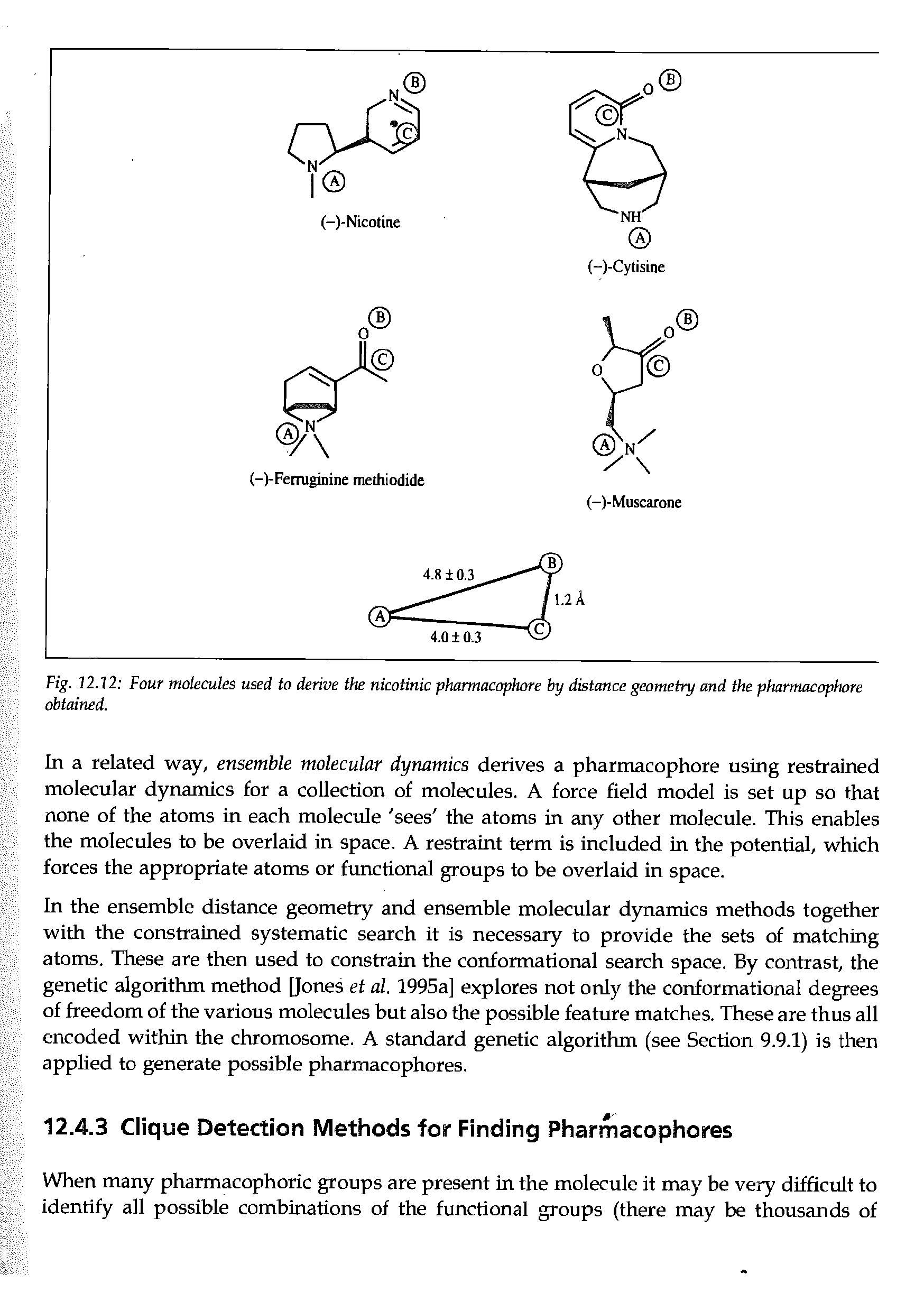 Fig. 12.12 Four molecules used to derive the nicotinic pharmacophore by distance geometry and the pharmacophore obtained.