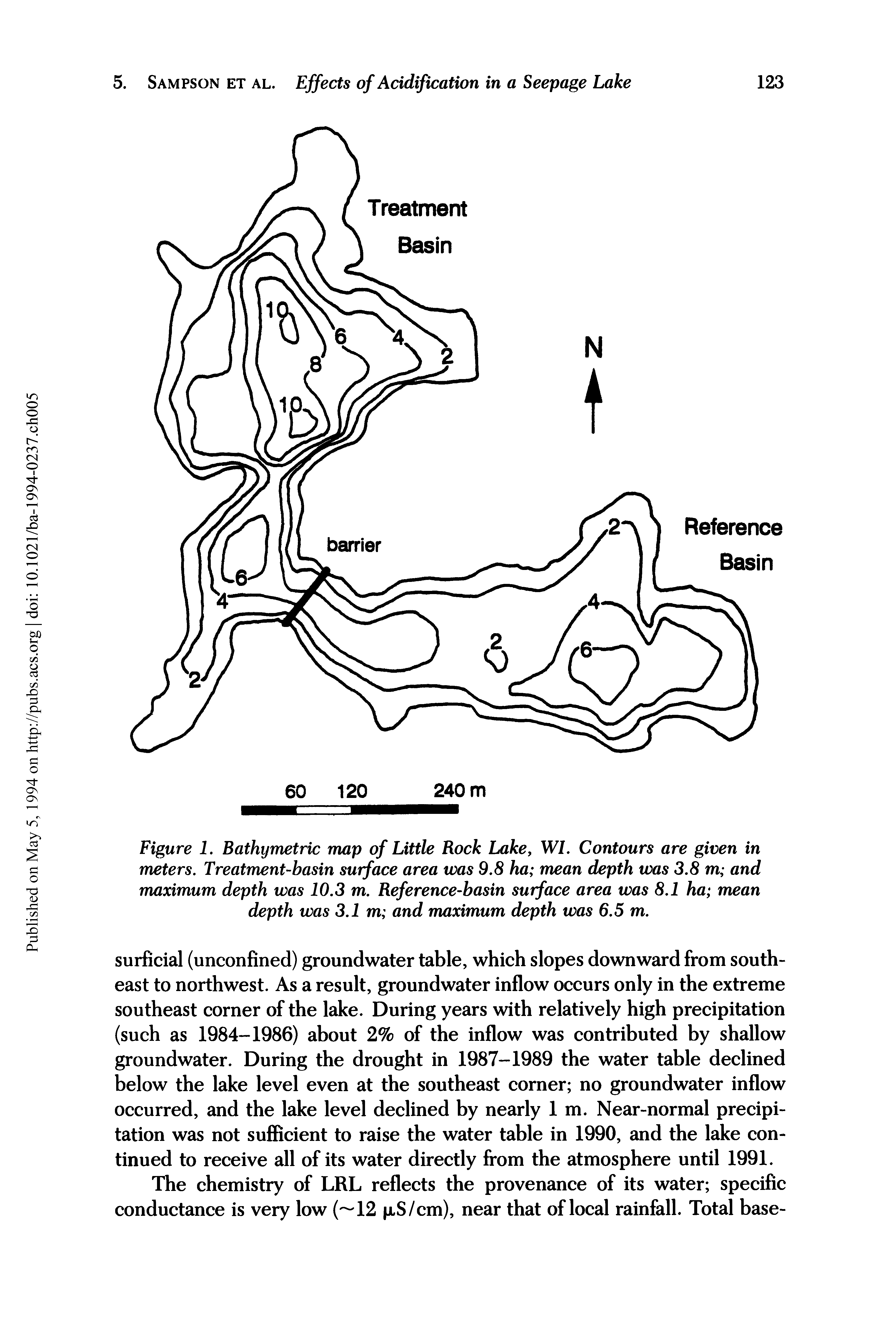 Figure 1. Bathymetric map of Little Rock Lake, WL Contours are given in meters. Treatment-basin surface area was 9.8 ha mean depth was 3.8 m and maximum depth was 10.3 m. Reference-basin surface area was 8.1 ha mean depth was 3.1 m and maximum depth was 6.5 m.