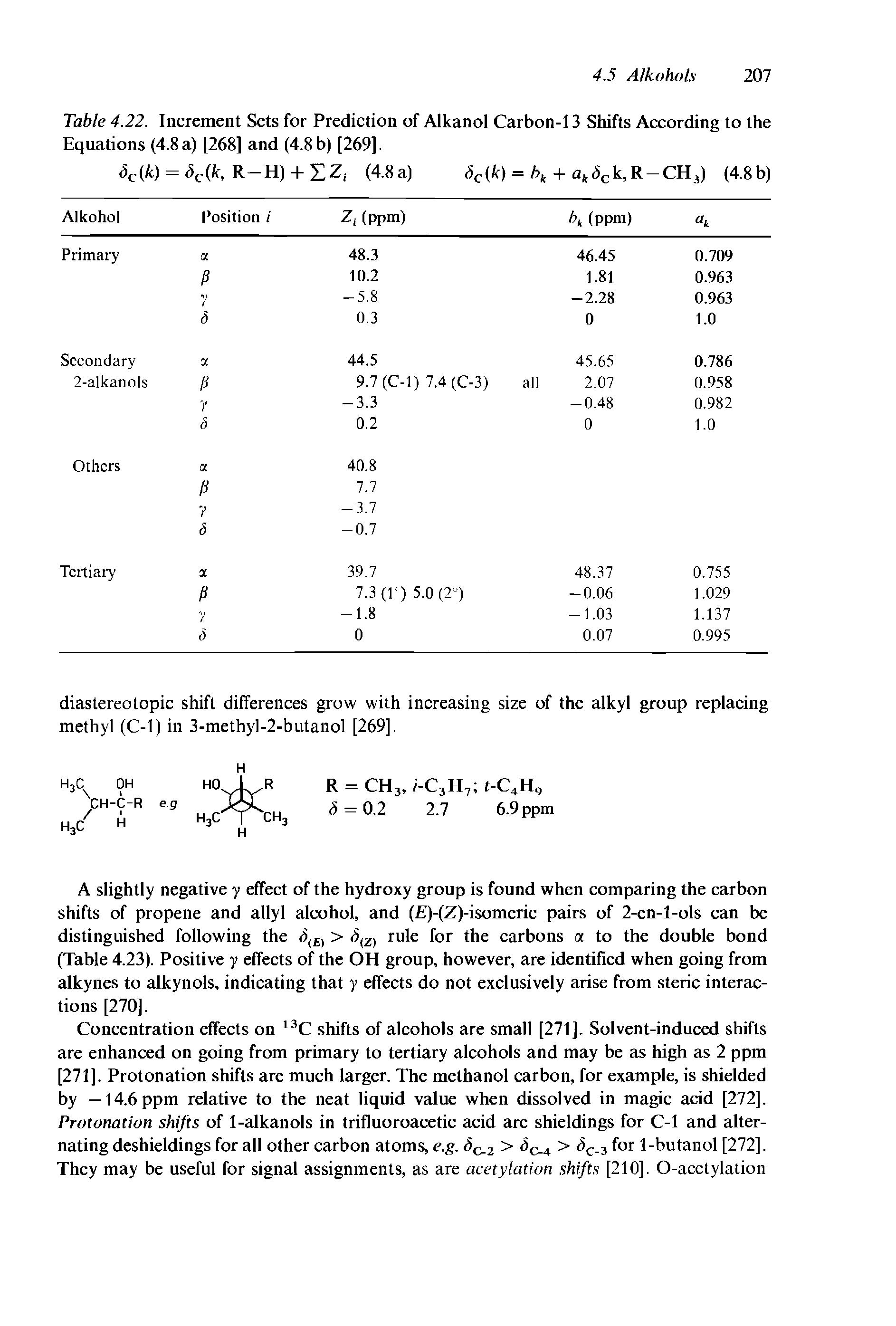 Table 4.22. Increment Sets for Prediction of Alkanol Carbon-13 Shifts According to the Equations (4.8 a) [268] and (4.8 b) [269].