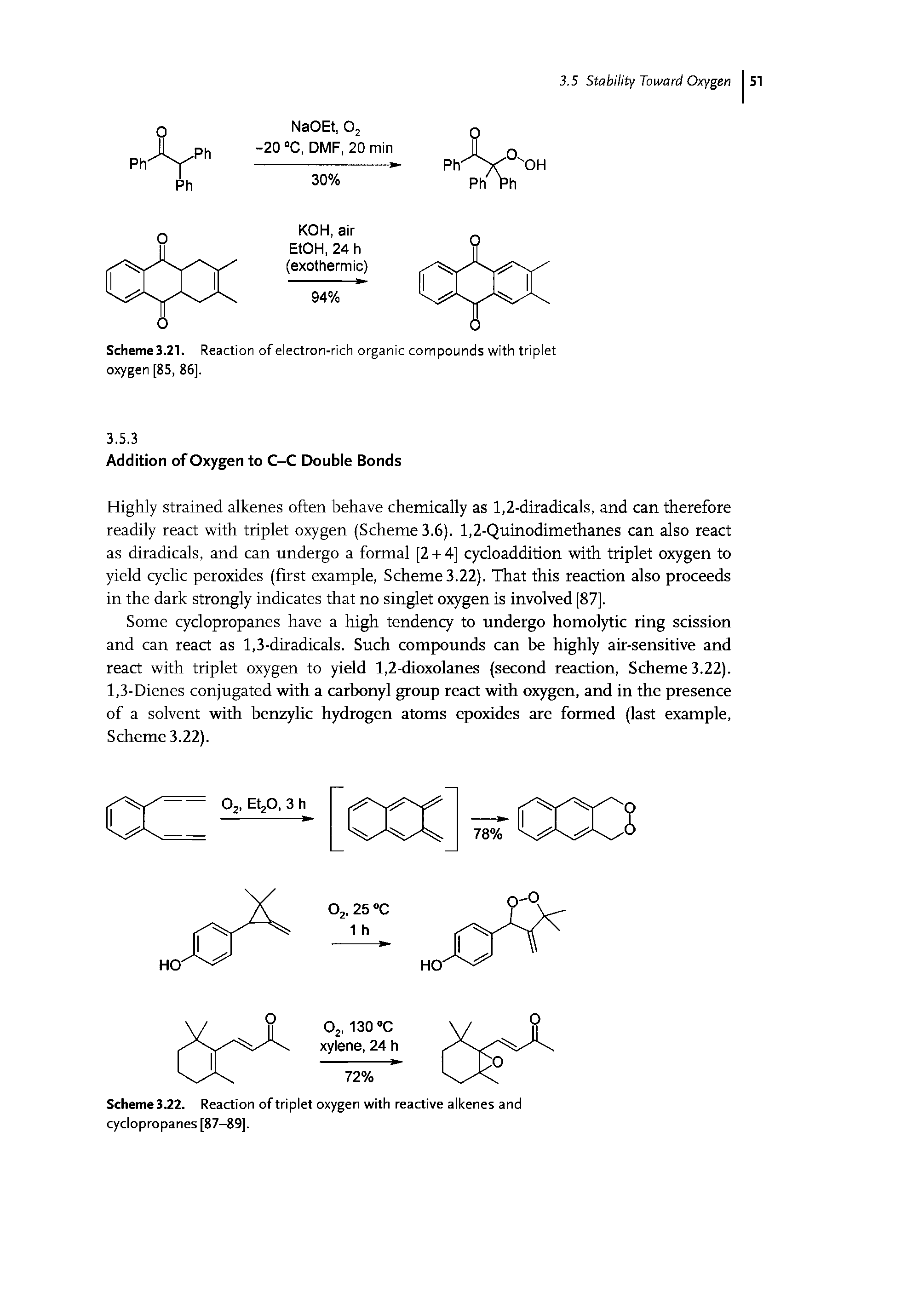 Scheme 3.22. Reaction of triplet oxygen with reactive alkenes and cyclopropanes [87-89].