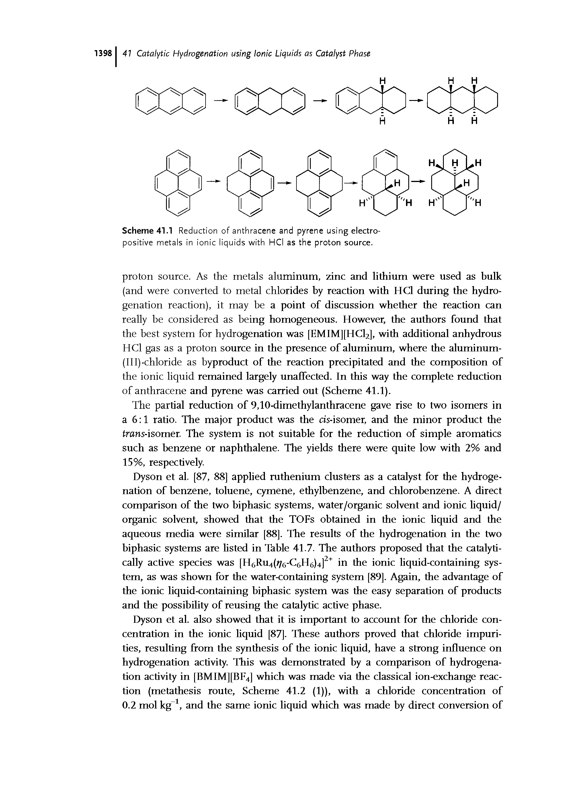 Scheme 41.1 Reduction of anthracene and pyrene using electropositive metals in ionic liquids with HCI as the proton source.