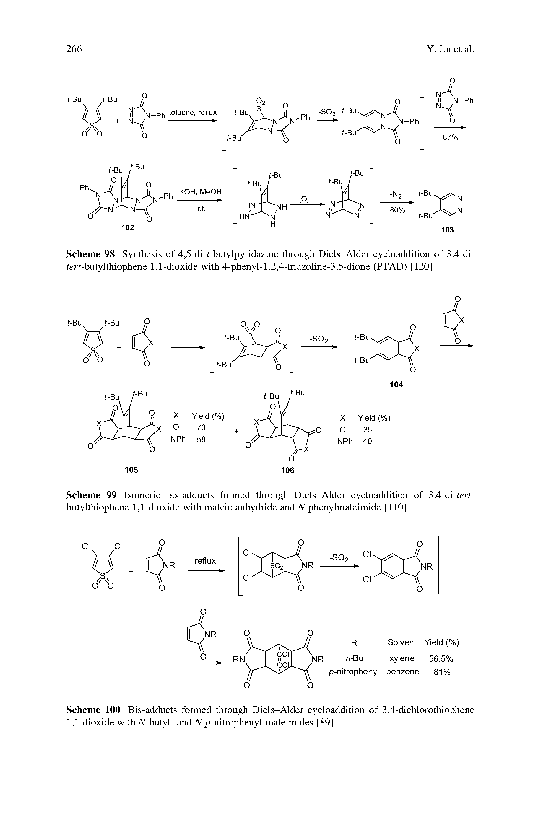 Scheme 98 Synthesis of 4,5-di-t-butylpyridazine through Diels-Alder cycloaddition of 3,4-di-tert-butylthiophene 1,1-dioxide with 4-phenyl-l,2,4-triazoline-3,5-dione (PTAD) [120]...