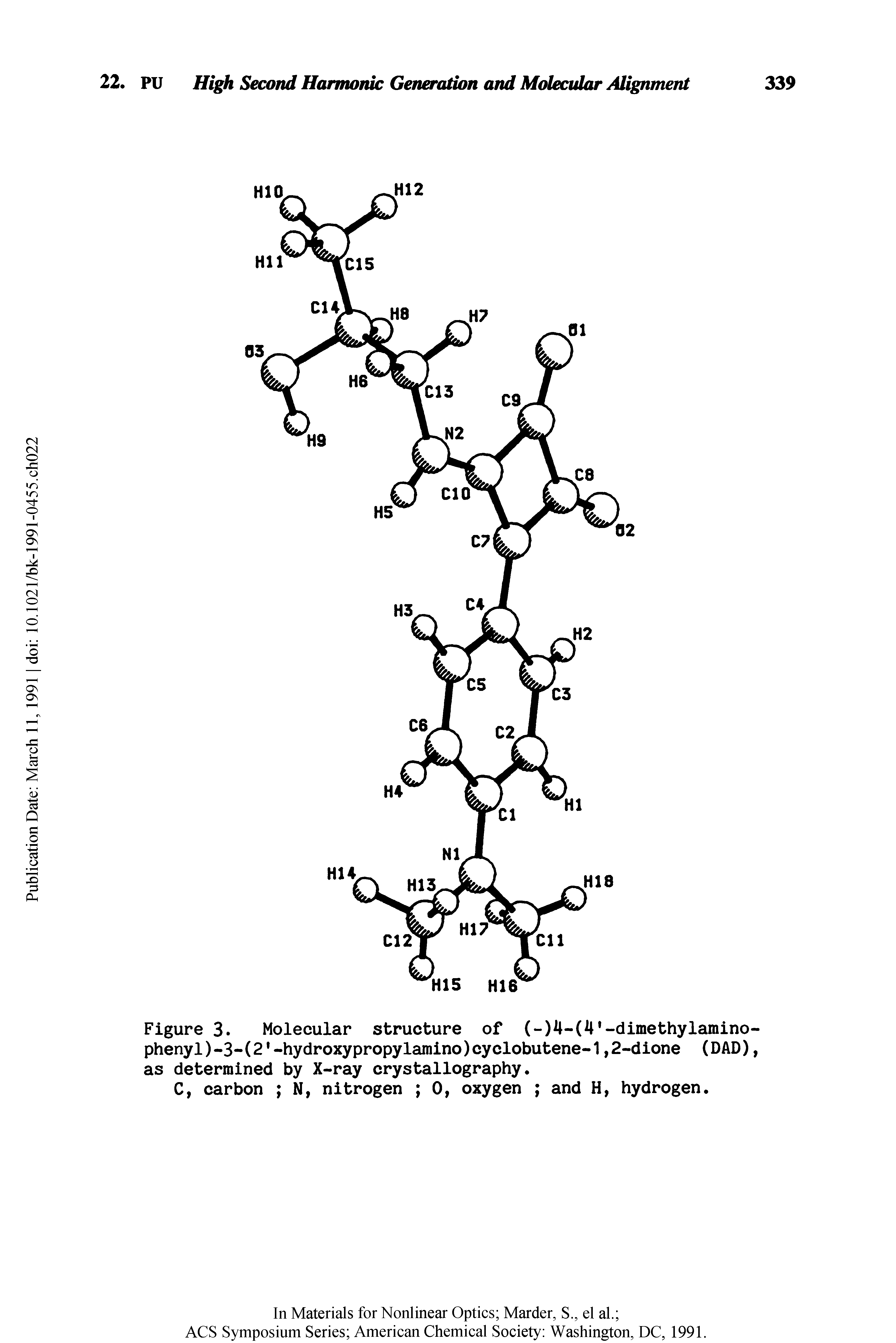 Figure 3. Molecular structure of (-)4-(4,-dimethylamino-phenyl)-3-(21-hydroxypropylamino)cyclobutene-1,2-dione (DAD), as determined by X-ray crystallography.