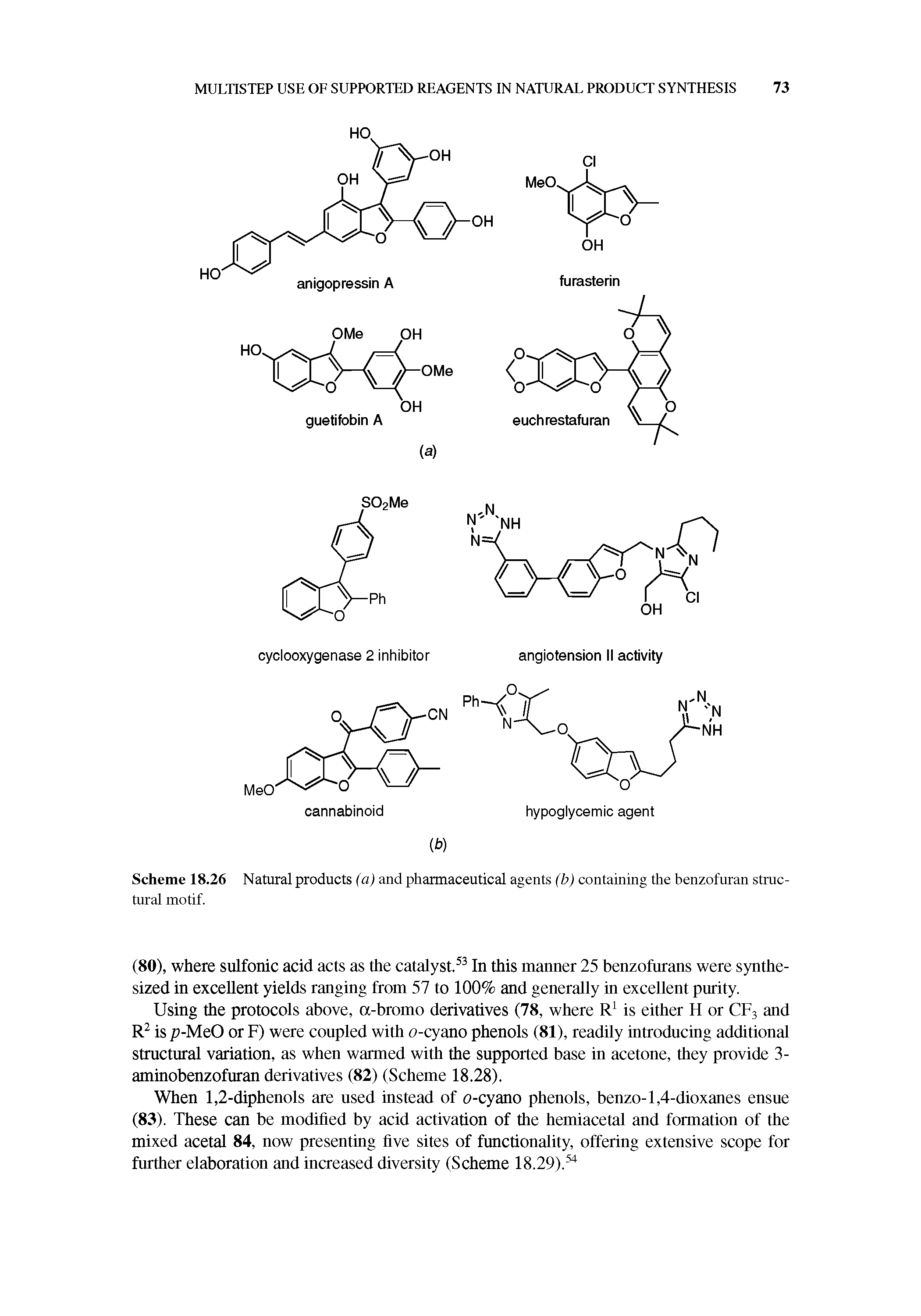 Scheme 18.26 Natural products (a) and pharmaceutical agents (b) containing the benzofuran structural motif.