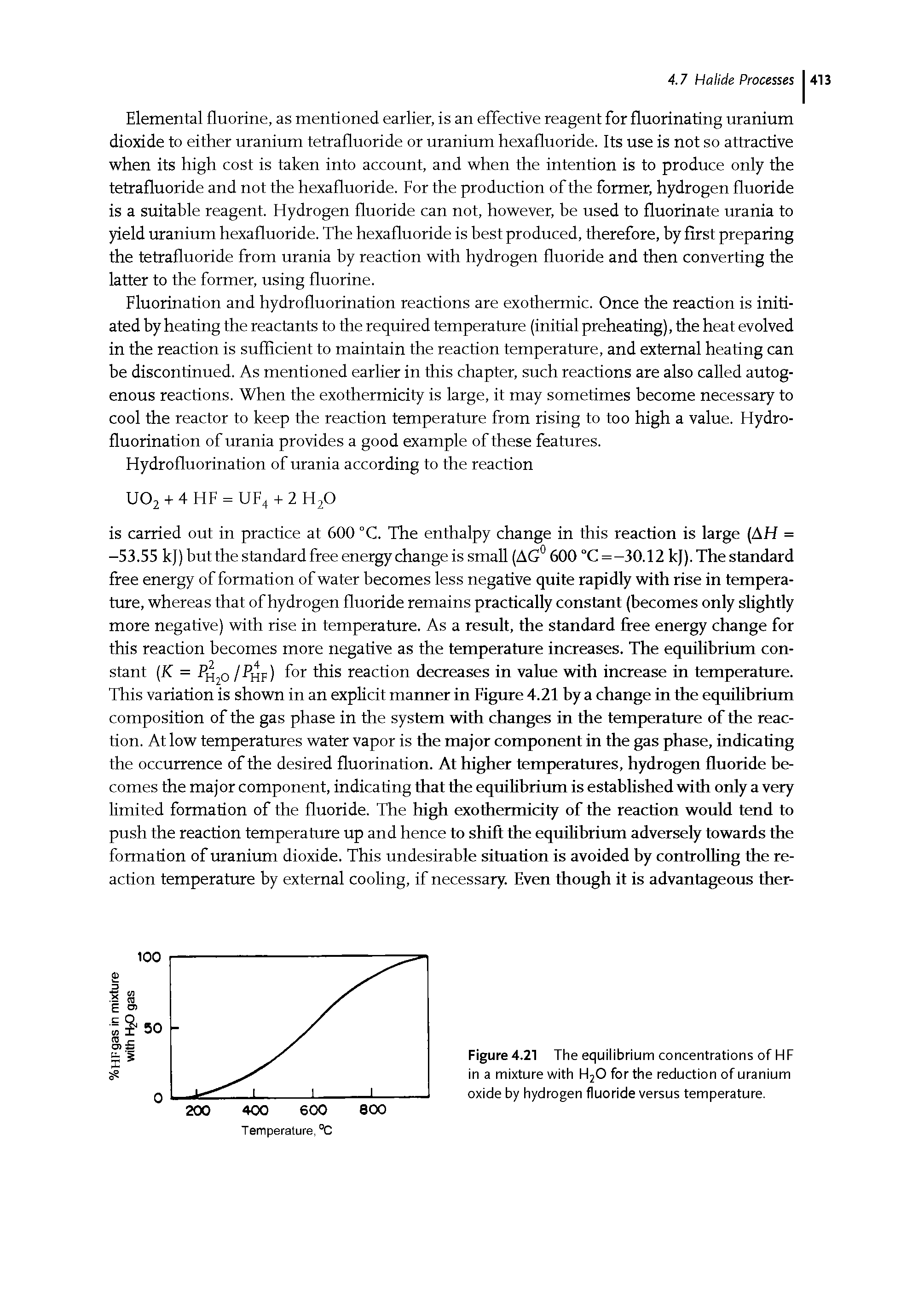 Figure 4.21 The equilibrium concentrations of HF in a mixture with H20 for the reduction of uranium oxide by hydrogen fluoride versus temperature.