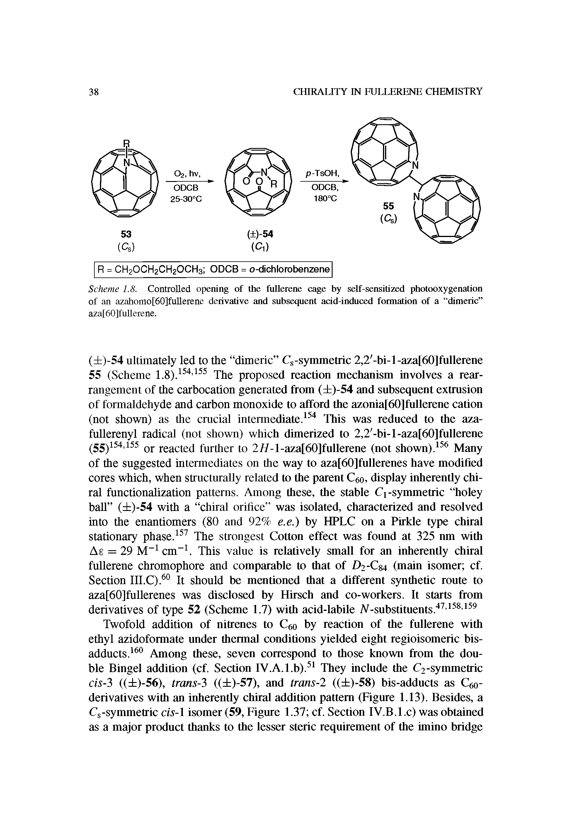 Scheme 1.8. Controlled opening of the fullerene cage by self-sensitized photooxygenation of an azahomo[60]fullerene derivative and subsequent add-induced formation of a dimeric aza[60]fullerene.