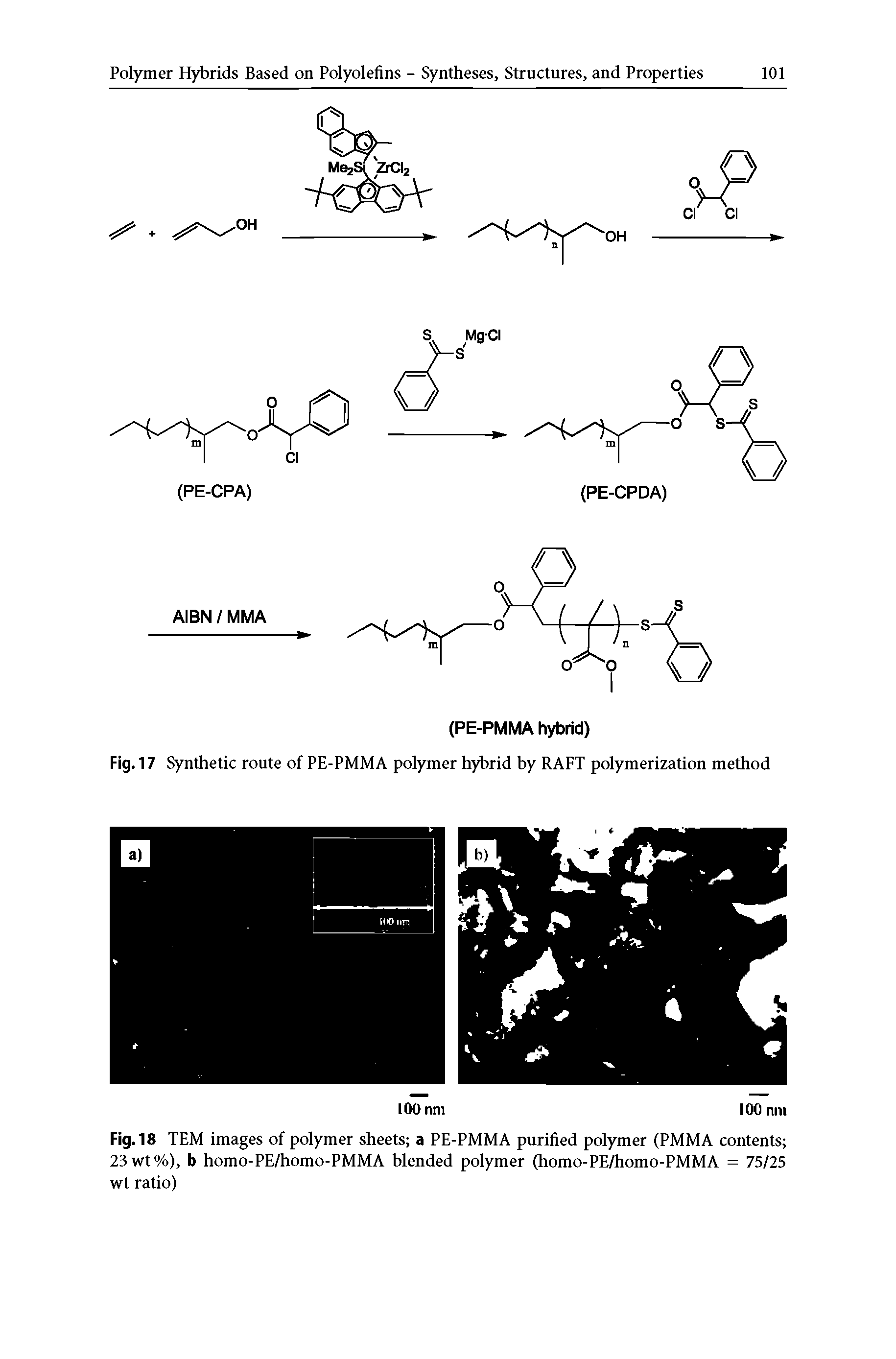 Fig. 18 TEM images of polymer sheets a PE-PMMA purified polymer (PMMA contents 23wt%), b homo-PE/homo-PMMA blended polymer (homo-PE/homo-PMMA = 75/25 wt ratio)...