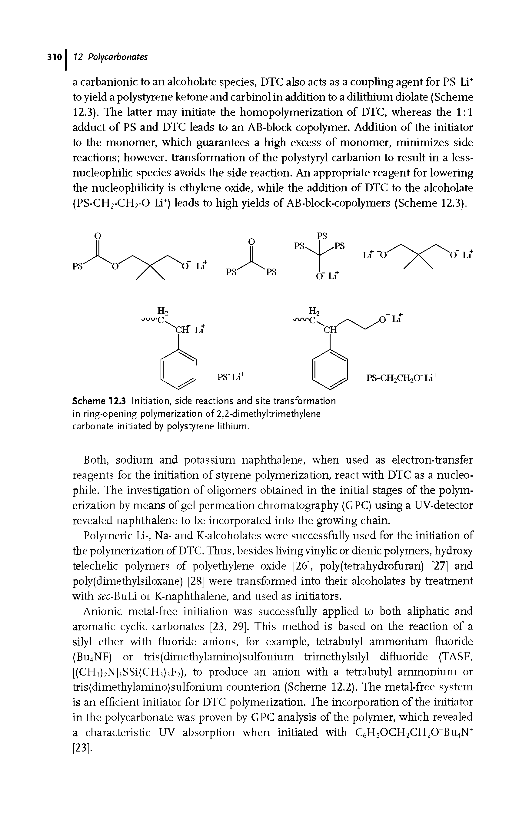 Scheme 12.3 Initiation, side reactions and site transformation in ring-opening polymerization of 2,2-dimethyltrimethylene carbonate initiated by polystyrene lithium.