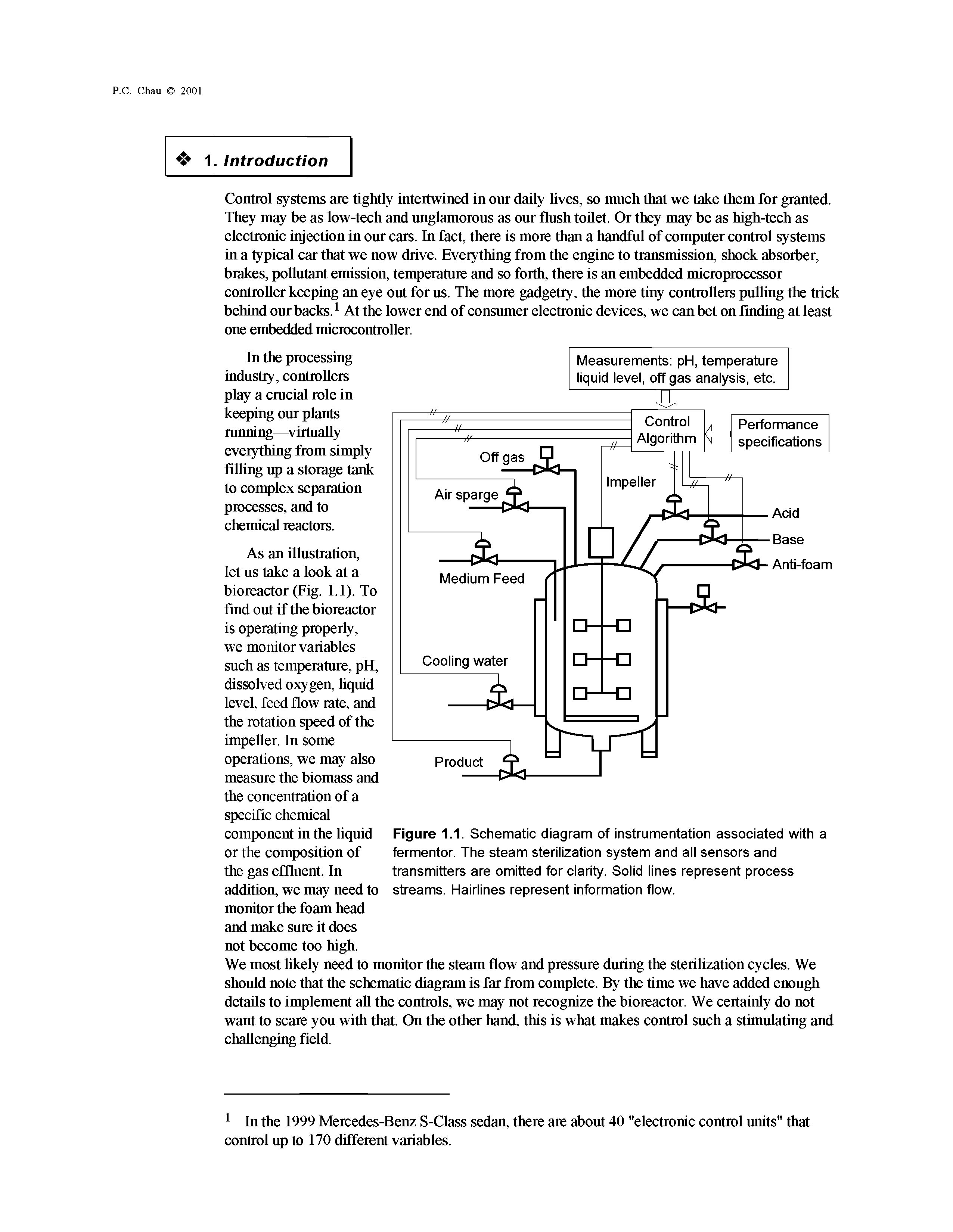 Figure 1.1. Schematic diagram of instrumentation associated with a fermentor. The steam sterilization system and all sensors and transmitters are omitted for clarity. Solid lines represent process streams. Hairlines represent information flow.
