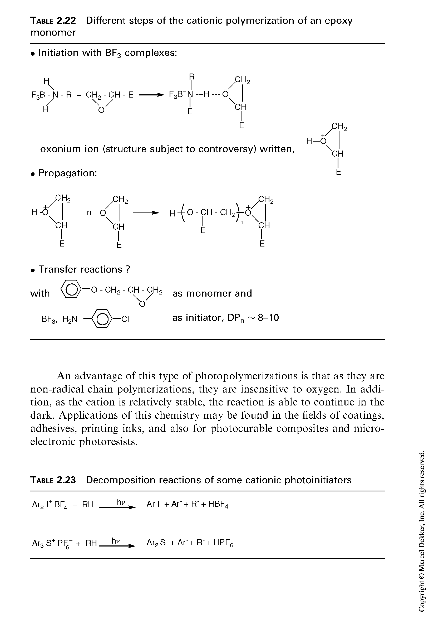 Table 2.23 Decomposition reactions of some cationic photoinitiators...